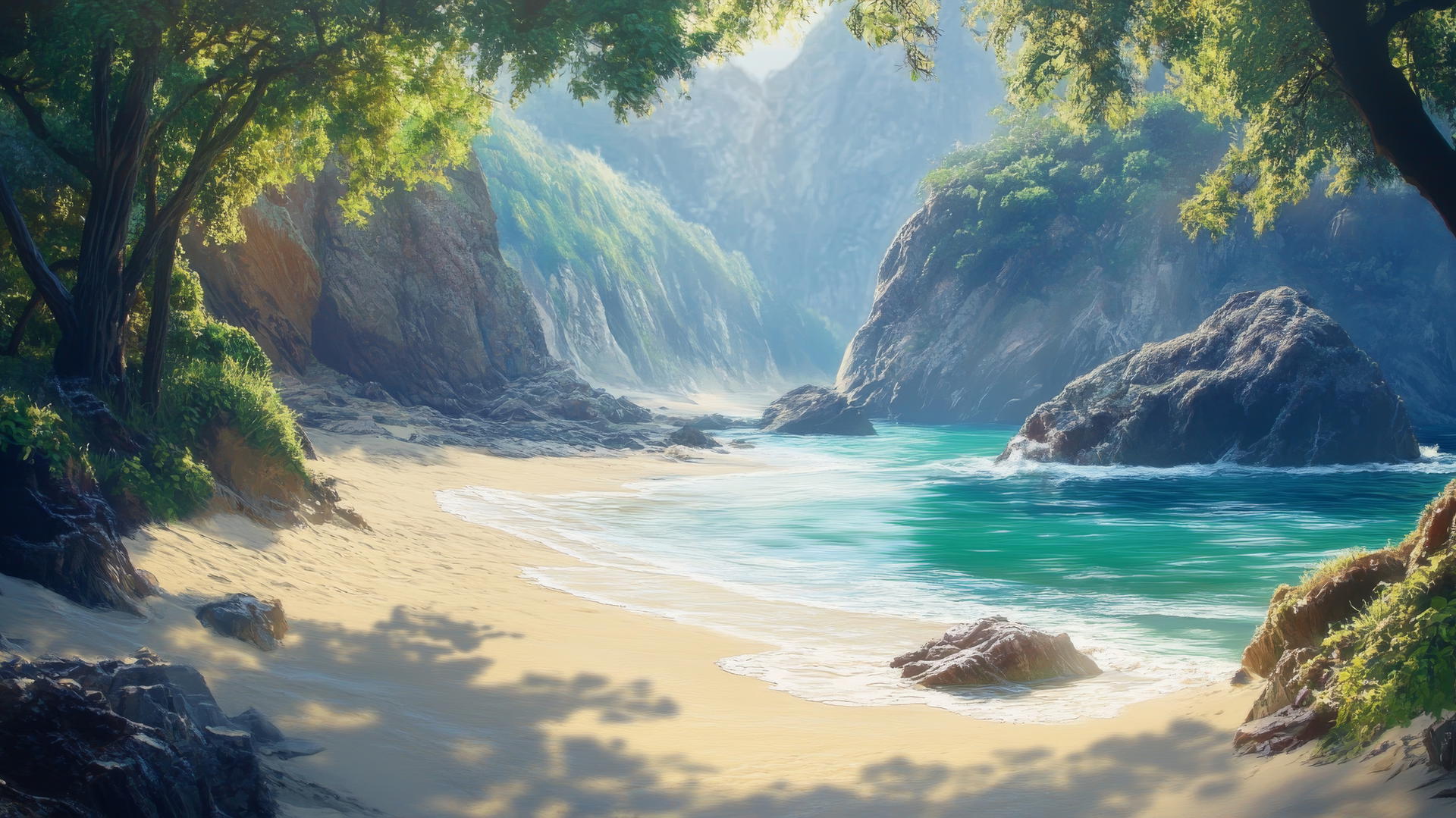 A peaceful beach background wallpaper featuring a quiet, hidden cove with soft sand, rugged rocks, gentle waves, cliffs, and wild greenery.