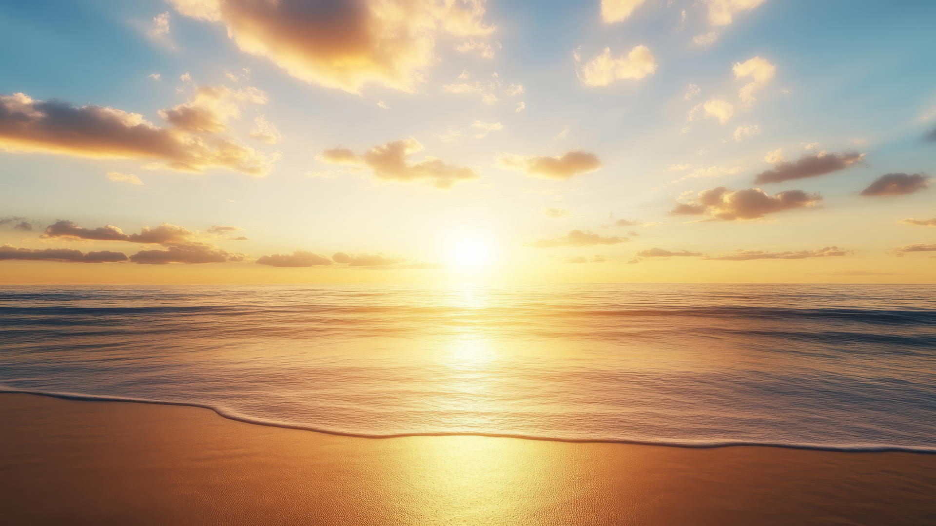 golden sunset over a vast empty beach with smooth sands, casting a warm glow on the water