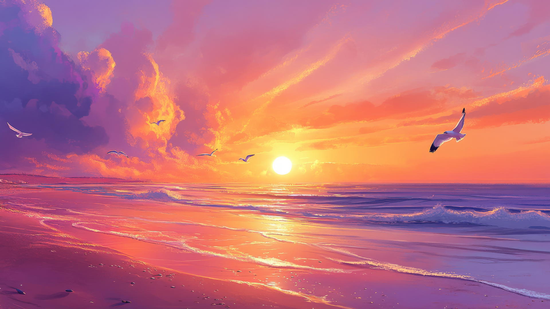 sunset beach wallpaper with vibrant colors, seagulls, and sparkling ocean