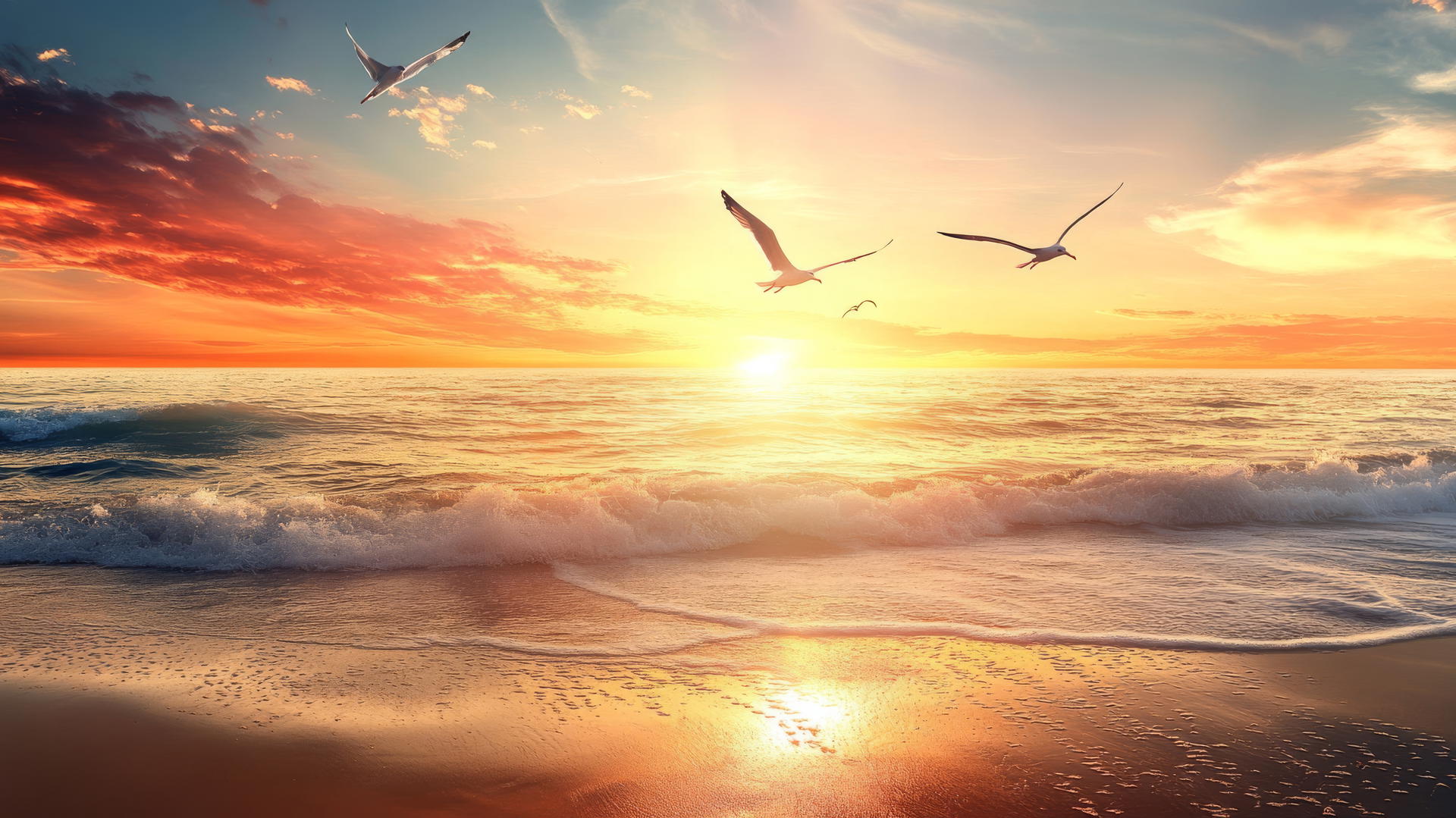 sunset beach wallpaper with vibrant colors, seagulls over water, sparkling ocean