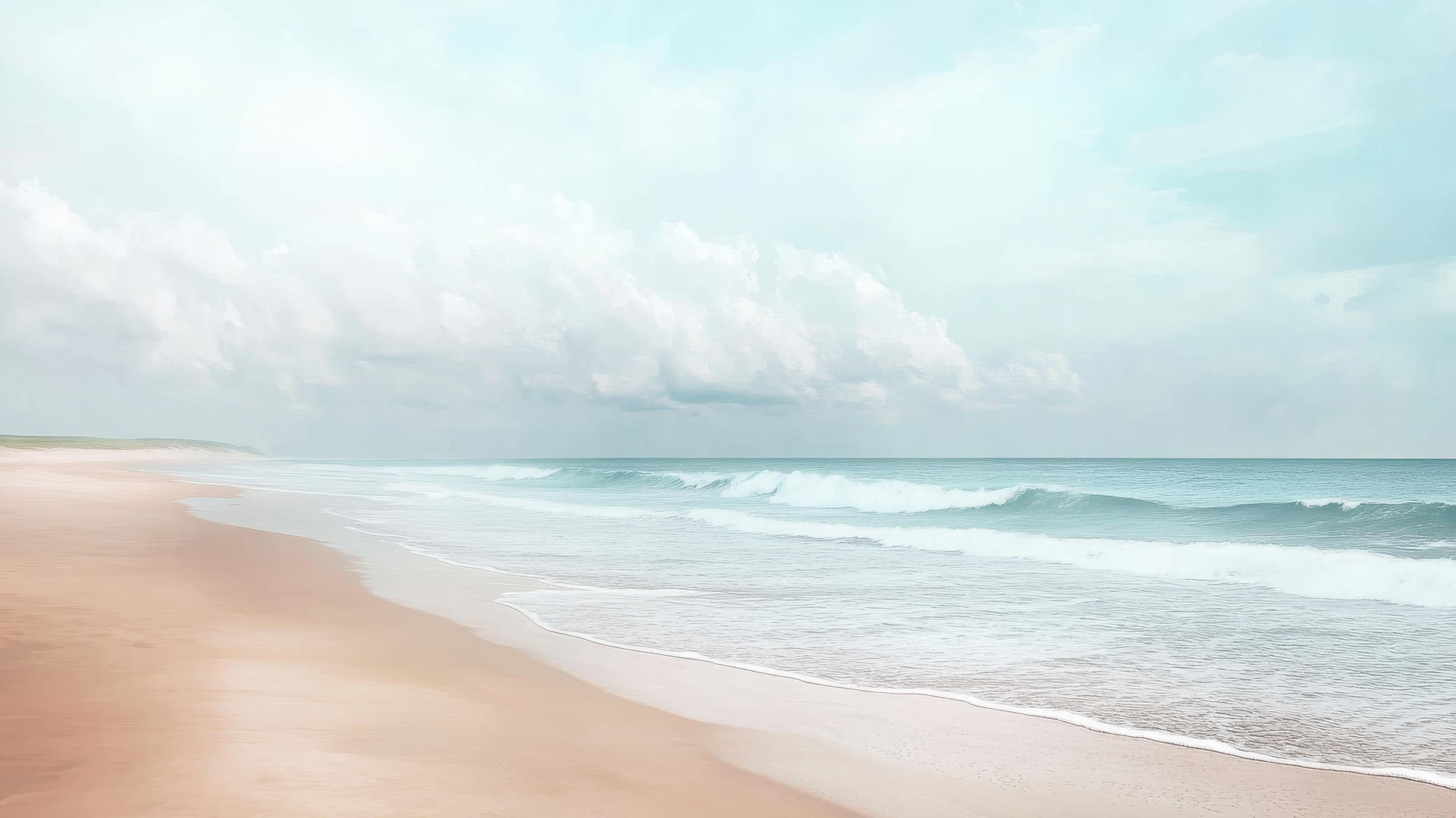 Minimalist beach wallpaper aesthetic with smooth sand, gentle waves, and a cloudy sky.