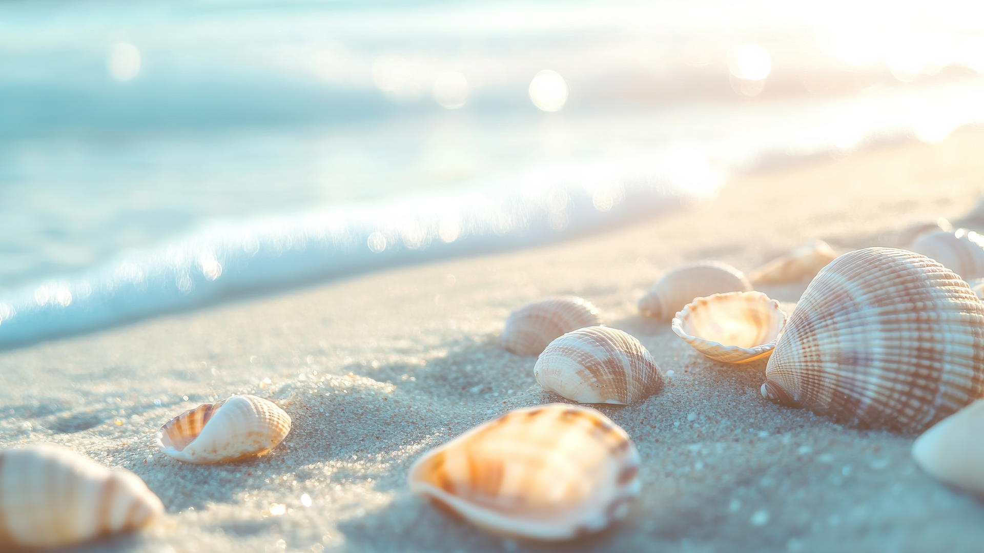 vintage beach scene with muted colors, faded seashells, soft blur effect, beach wallpaper aesthetic