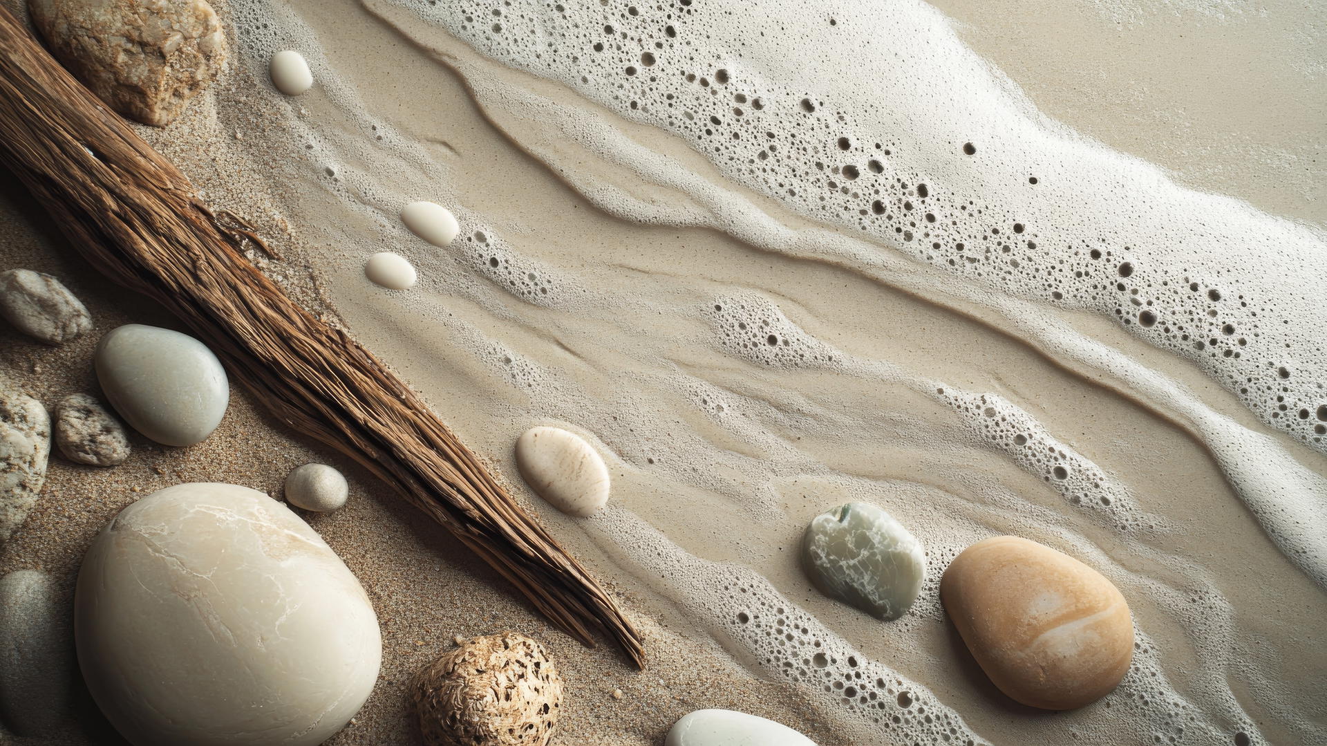 Boho beach aesthetic with driftwood, stones, seafoam on the sand.