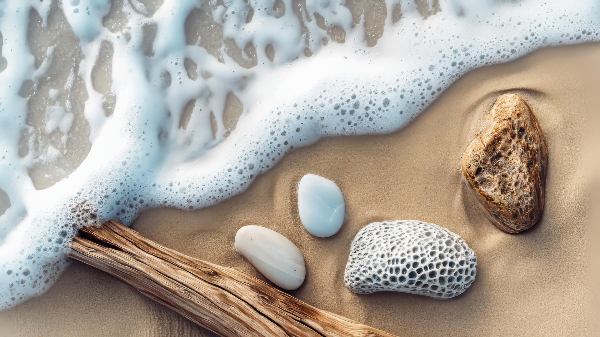 A boho beach aesthetic with driftwood, smooth stones, and seafoam