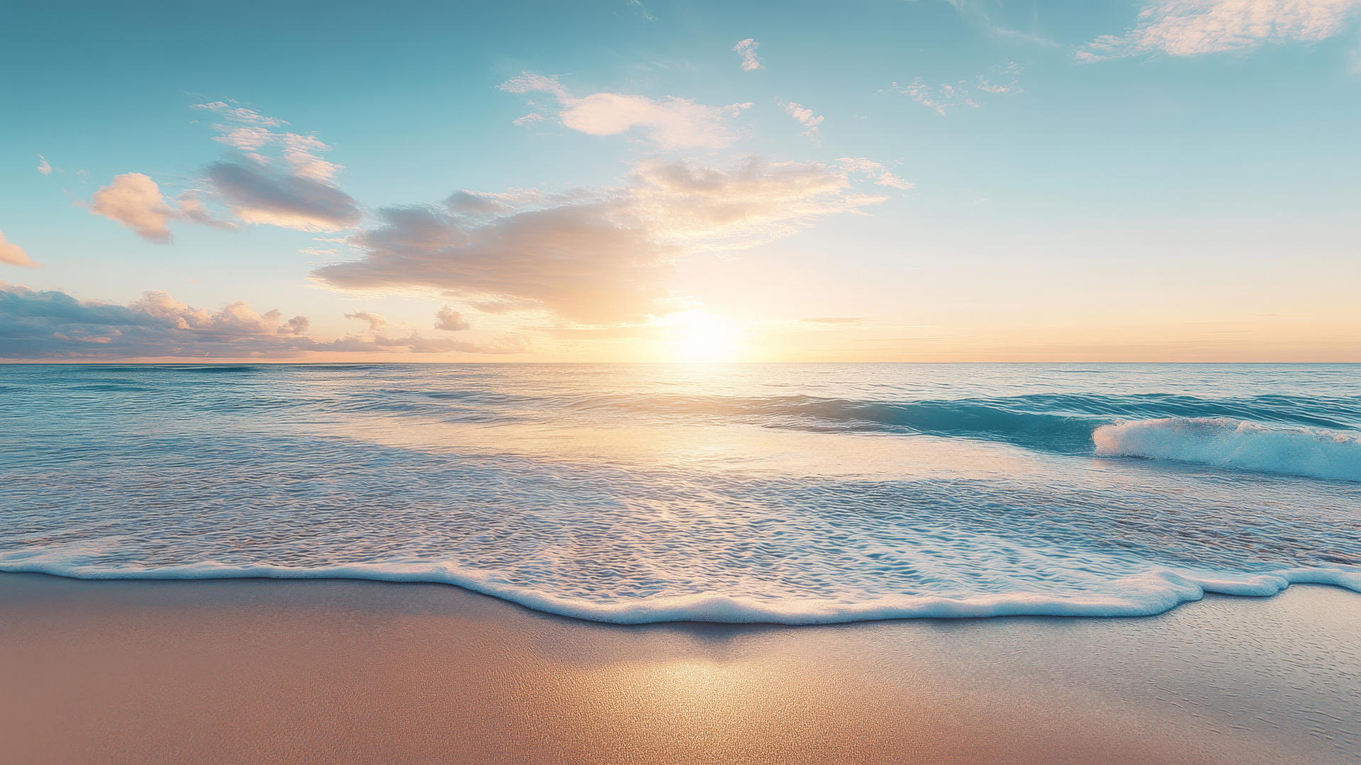 4K serene beach scene at dawn with detailed ripples and sand textures