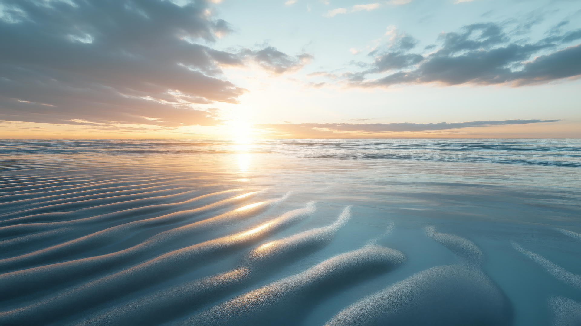 Serene beach scene at dawn with detailed water ripples and sand texture, beach wallpaper 4k
