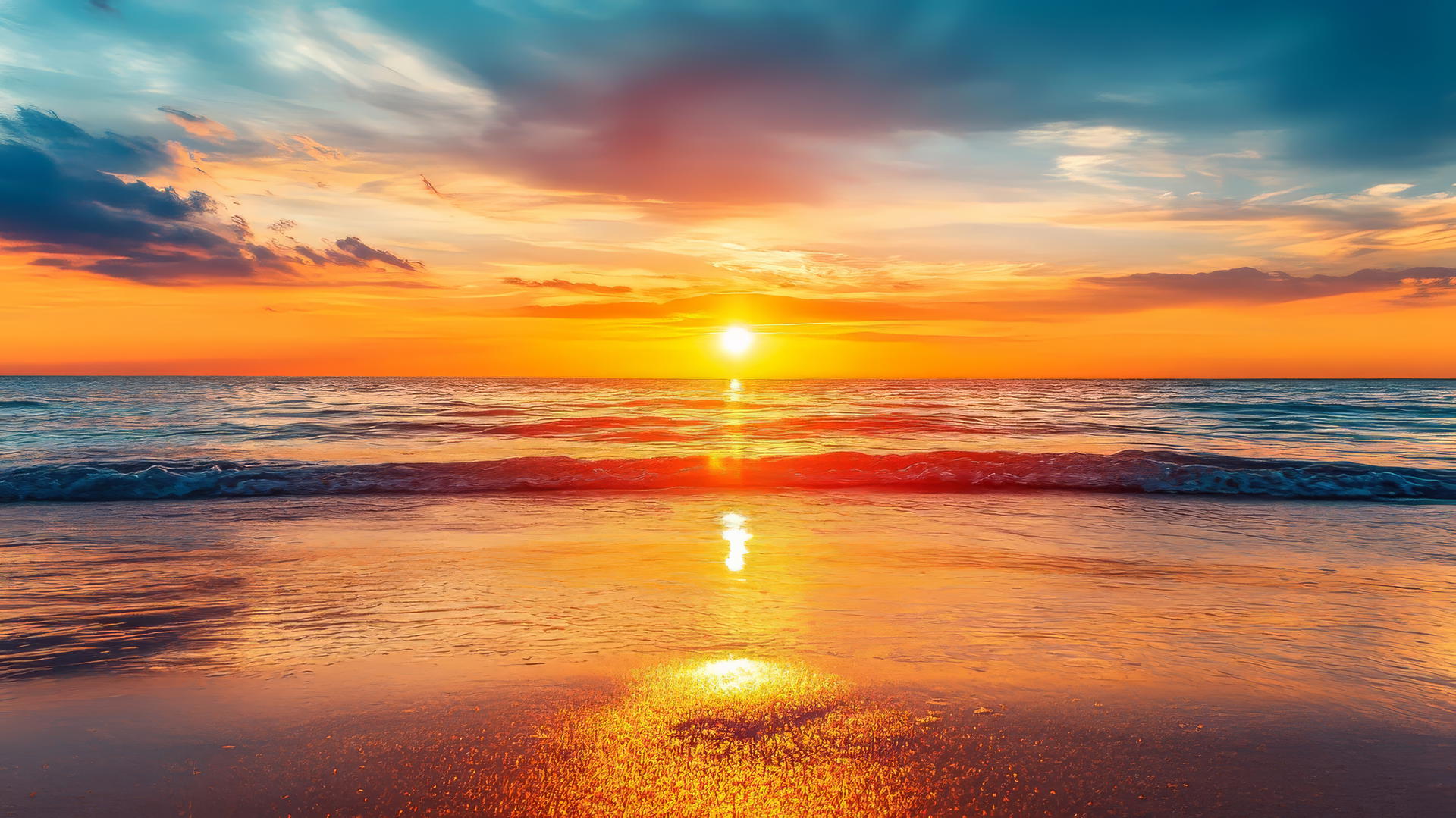 4K beach wallpaper with a sunset, shimmering water, and detailed sand