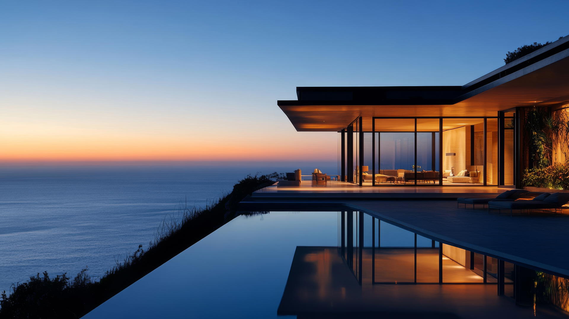 Luxurious modern beach house wallpaper with sunset reflections