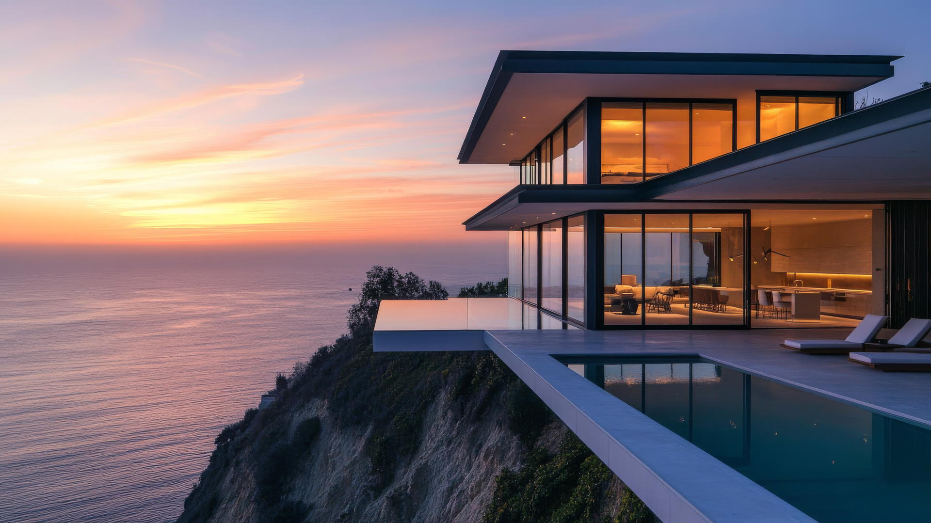 Luxurious modern beach house wallpaper with glass walls, sunset reflection, and ocean view.