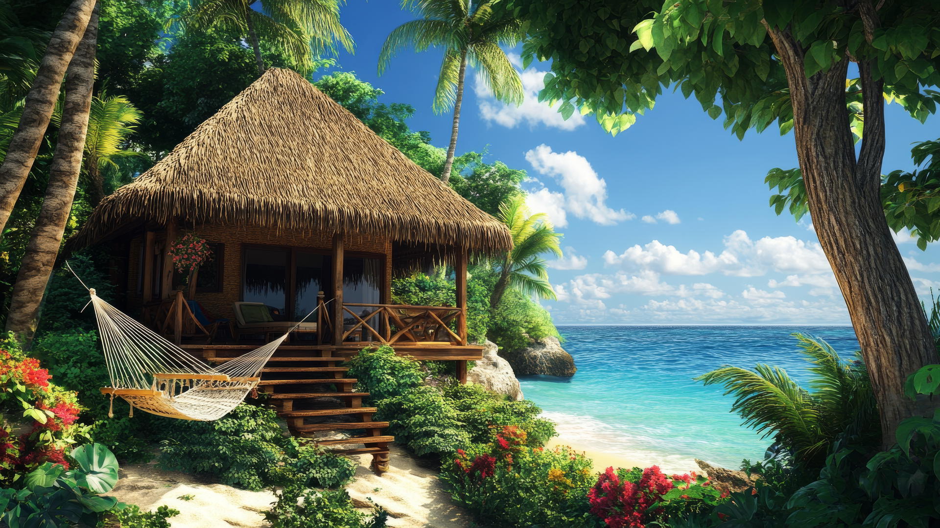 beach house wallpaper with thatched roof, hammocks, and lush greenery by the ocean