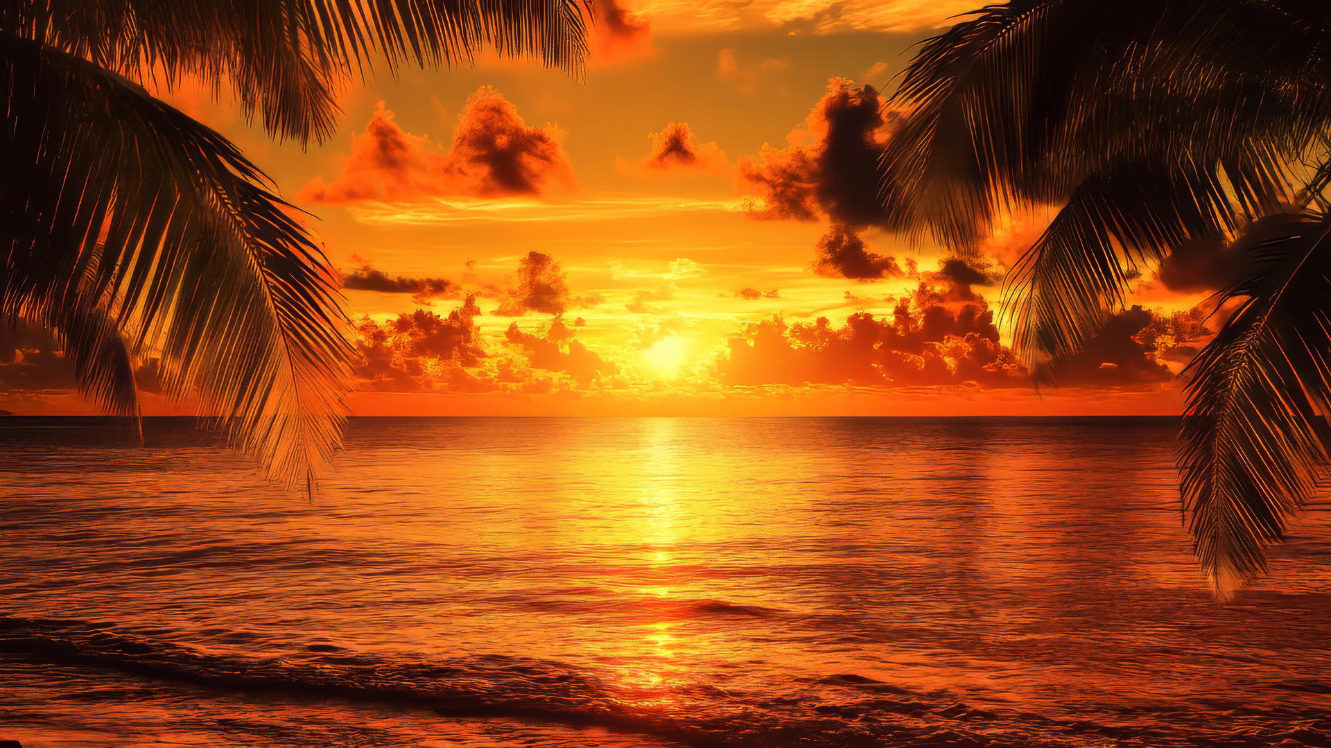 Tropical beach wallpaper at sunset with fiery orange skies and palm tree silhouettes