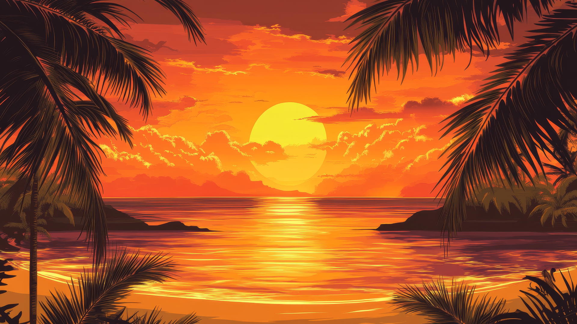 tropical beach wallpaper at sunset with fiery orange skies and palm trees
