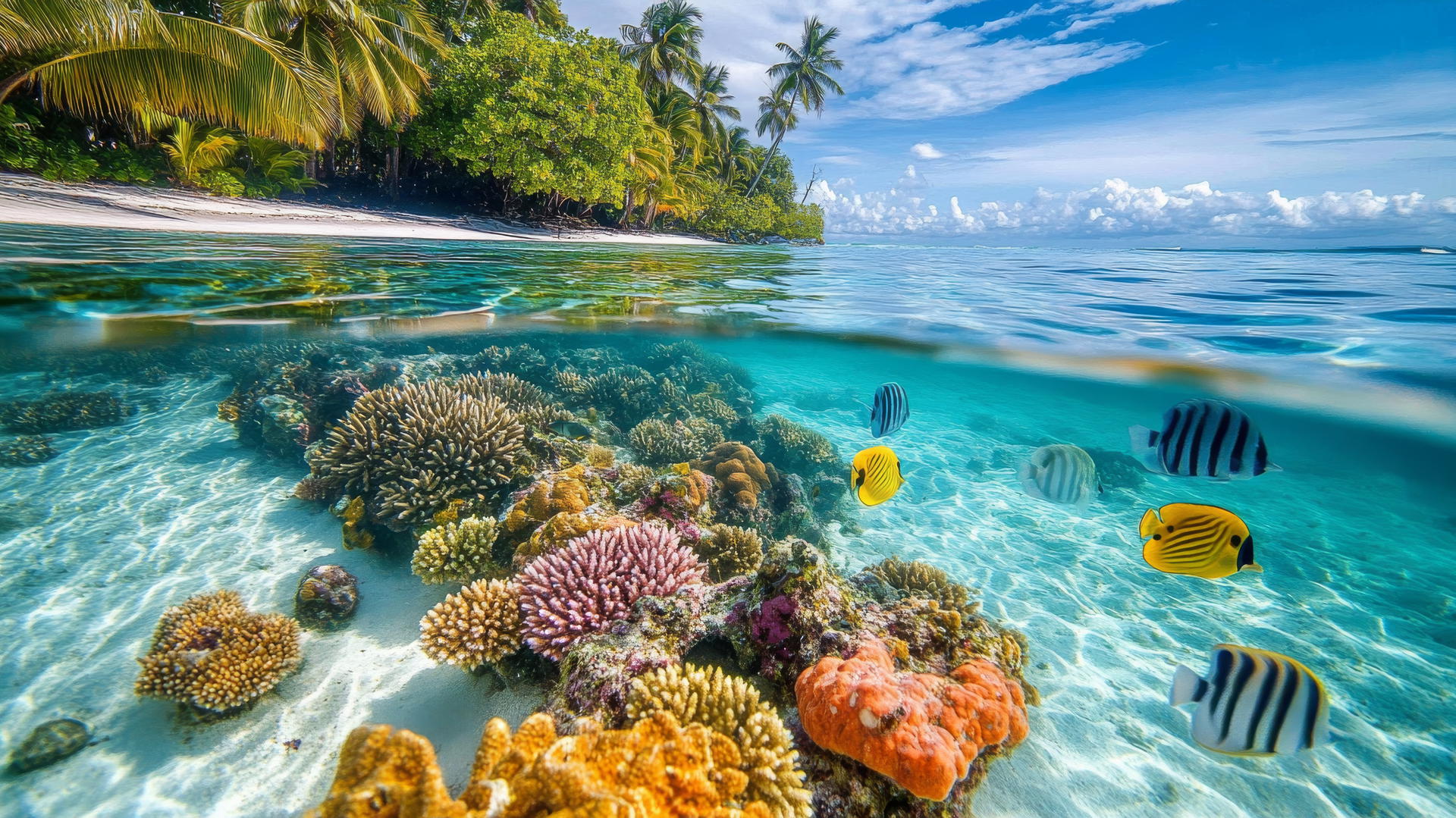 Exotic tropical beach wallpaper with coral reefs and fish in clear water