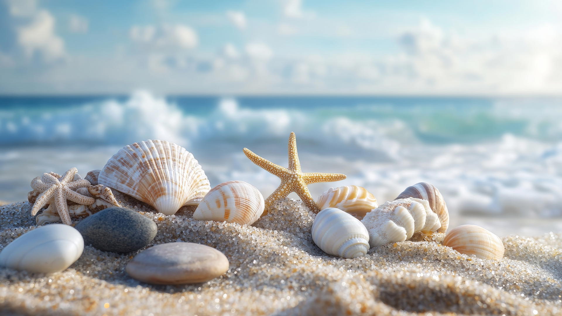 beach themed wallpaper with seashells, starfish, stones, and ocean waves