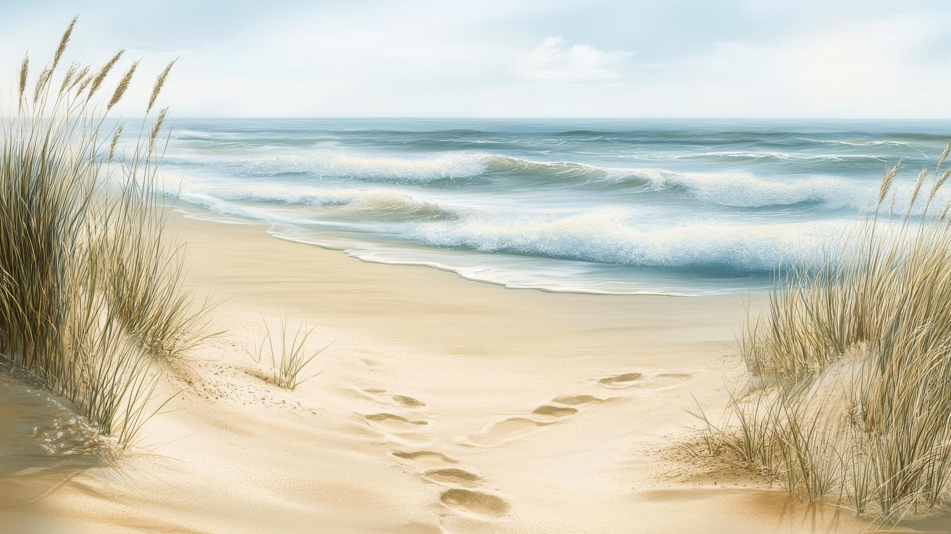 beach themed wallpaper with waves, sand footprints, and rustling dune grass