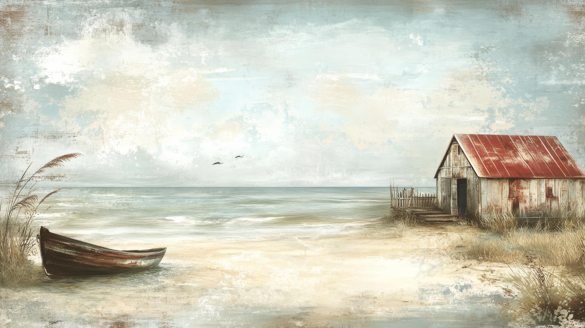 beach themed wallpaper with vintage beach cabins, soft muted tones