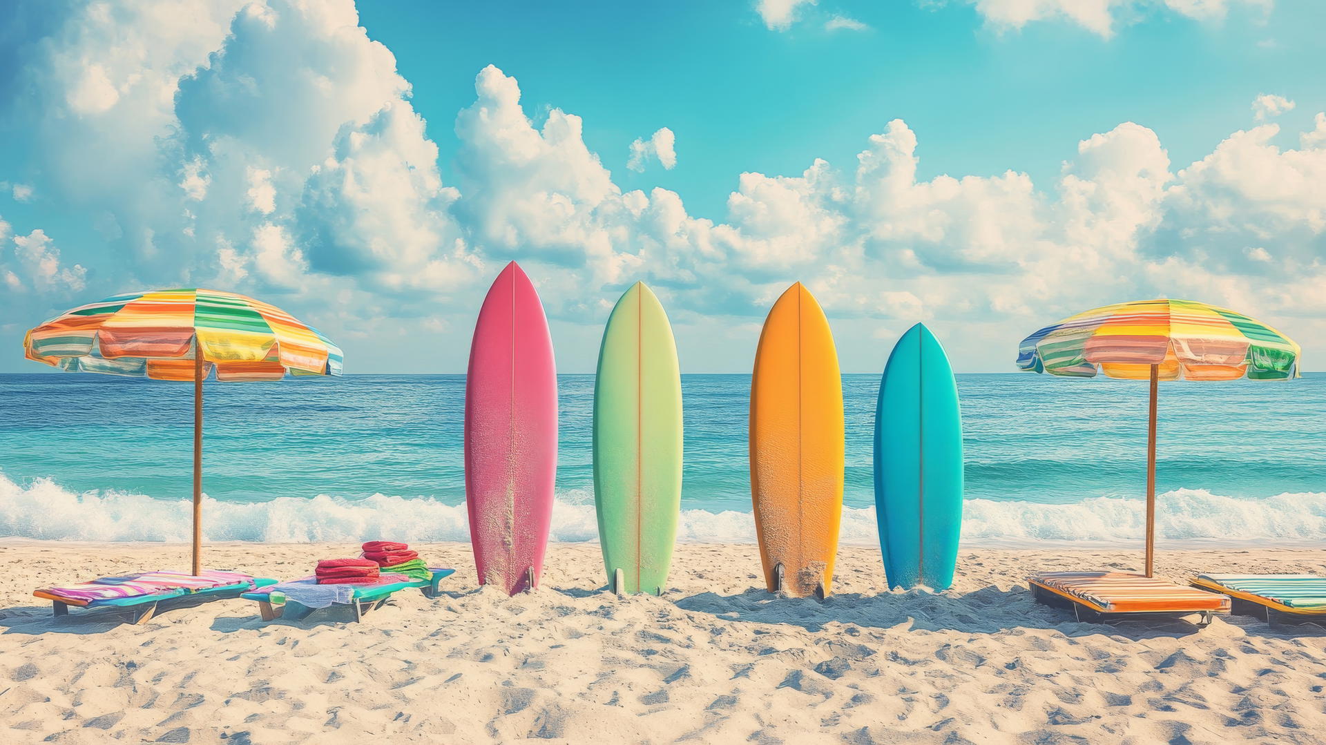 beach theme wallpaper with surfboards, umbrellas, and waves