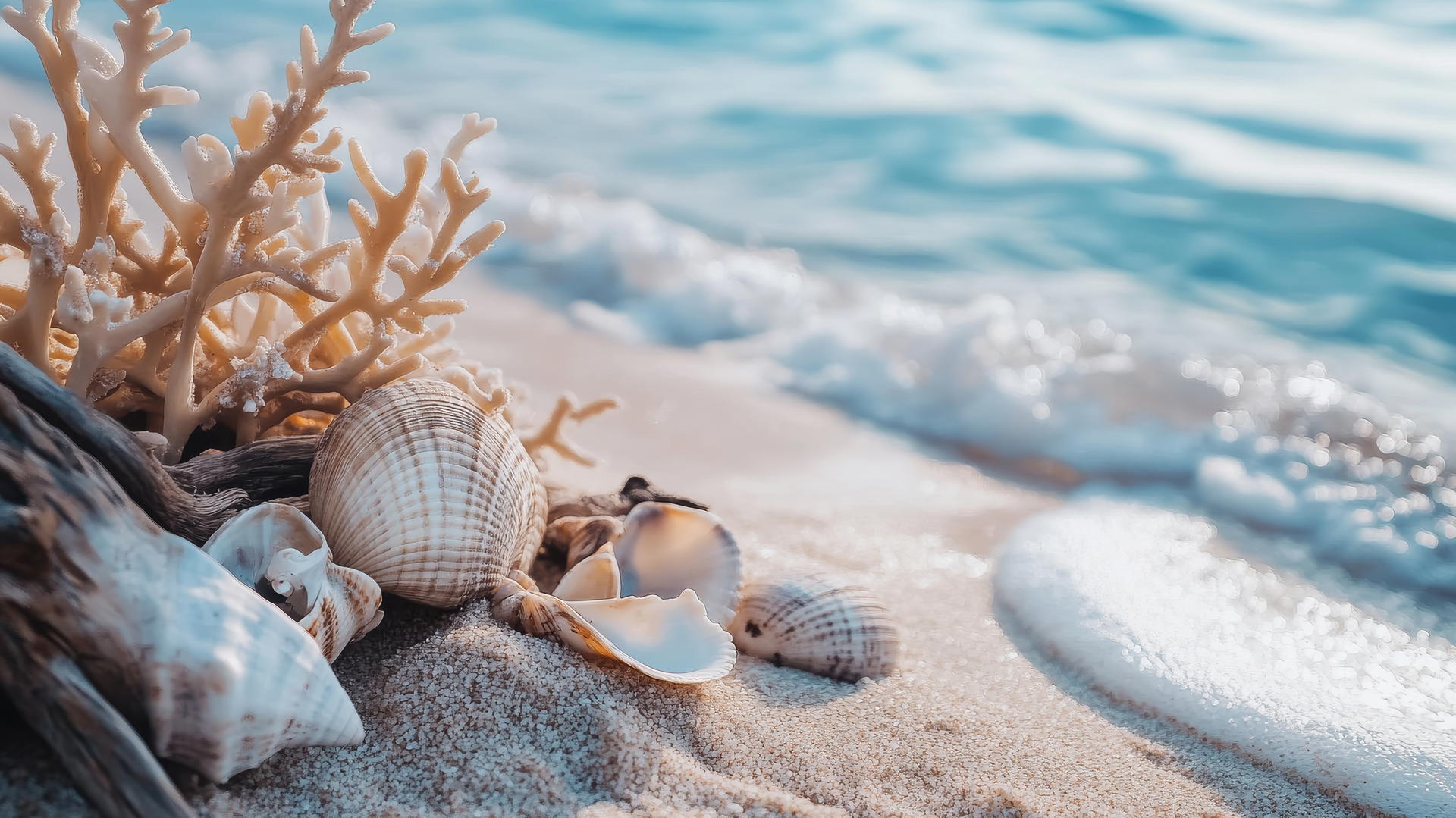 beach aesthetic wallpaper with golden sand, blue waters, seashells, and driftwood
