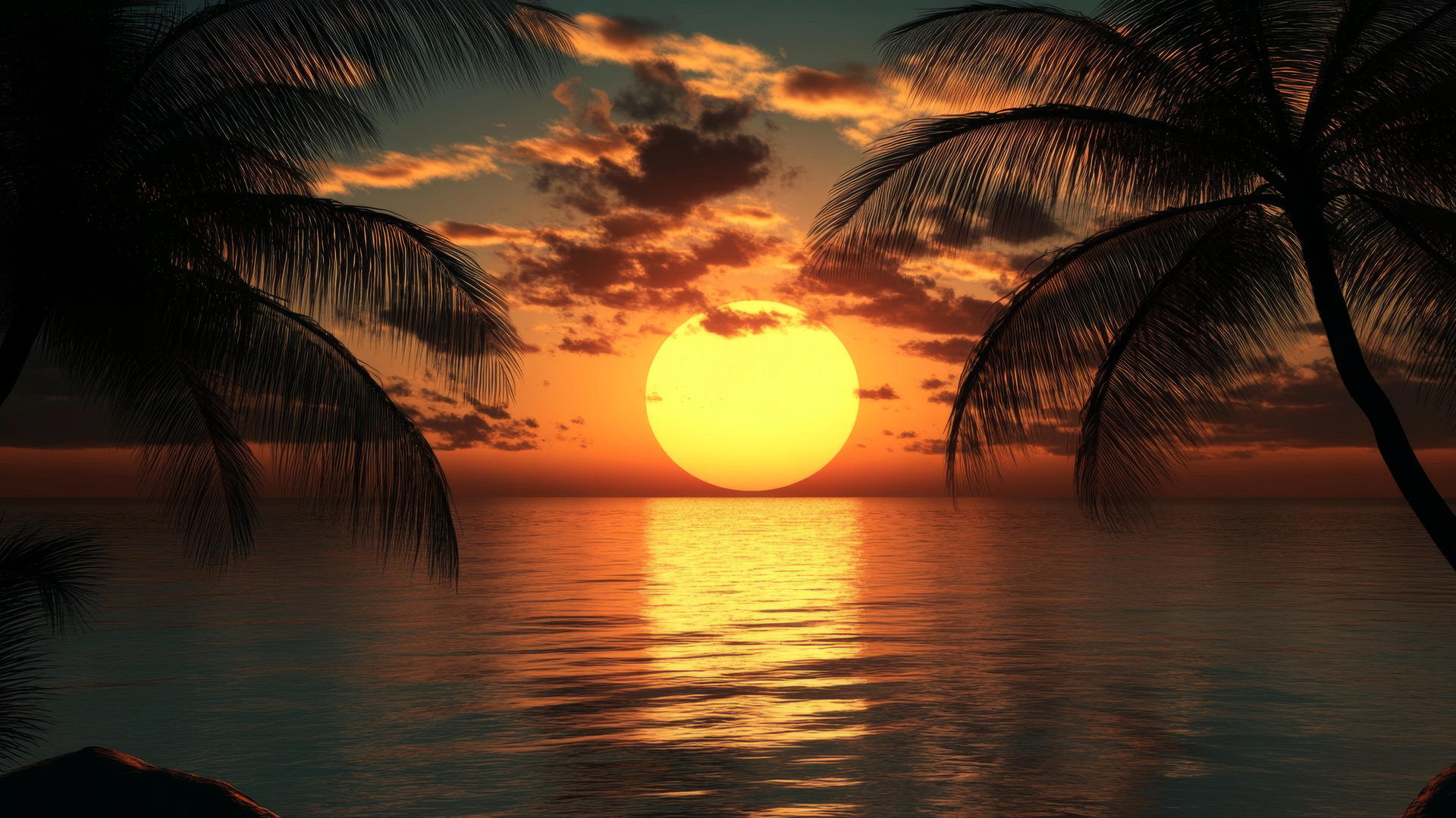 beach sunset wallpaper with silhouetted palm trees and glowing orange sun