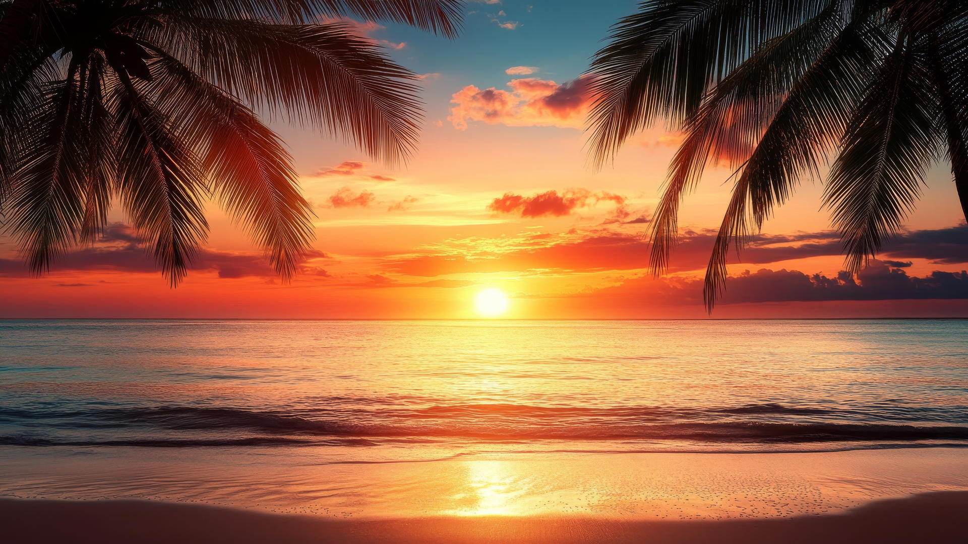 Serene tropical beach sunset wallpaper with silhouetted palm trees