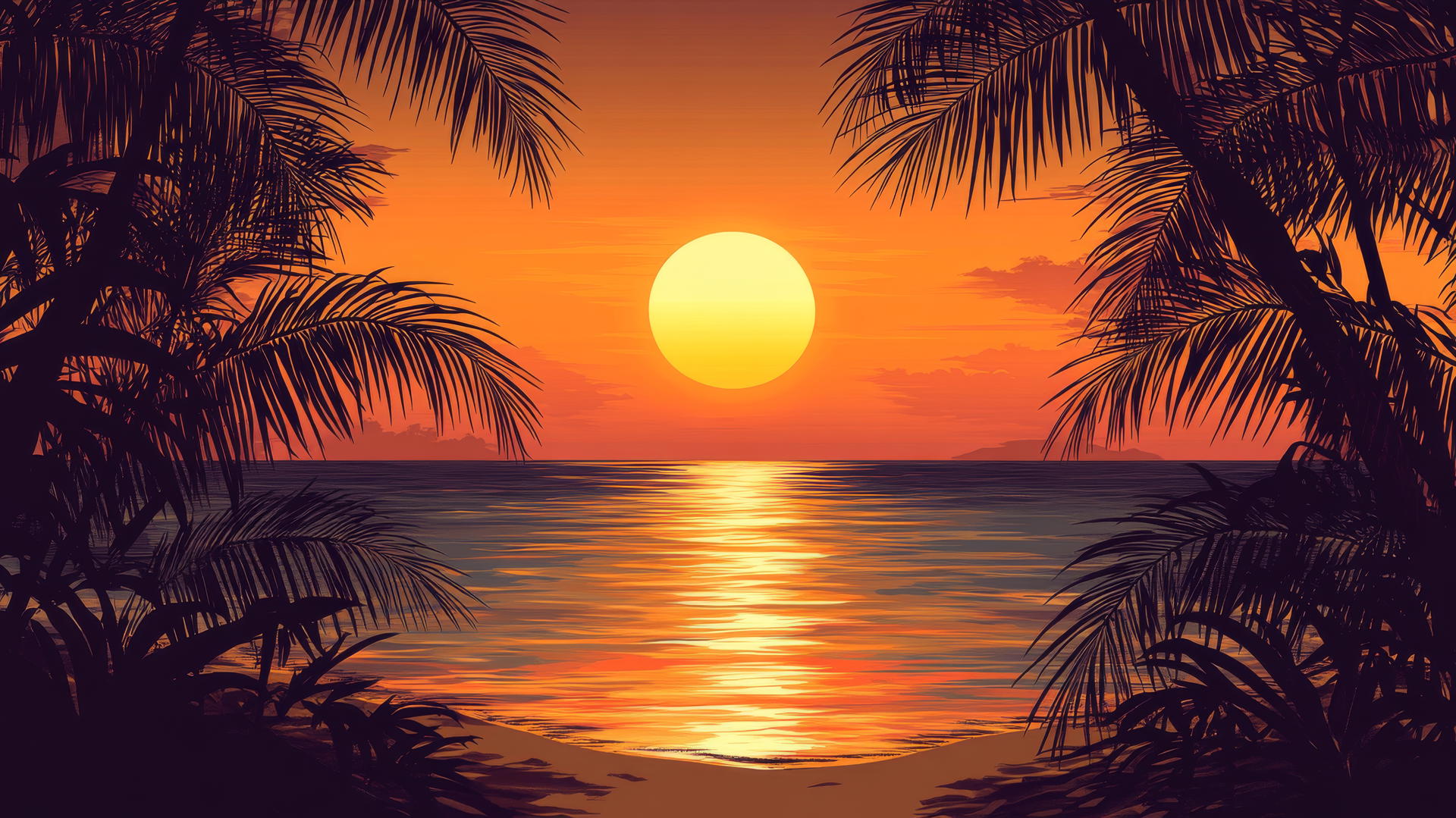 Serene tropical beach with silhouetted palm trees and glowing sunset