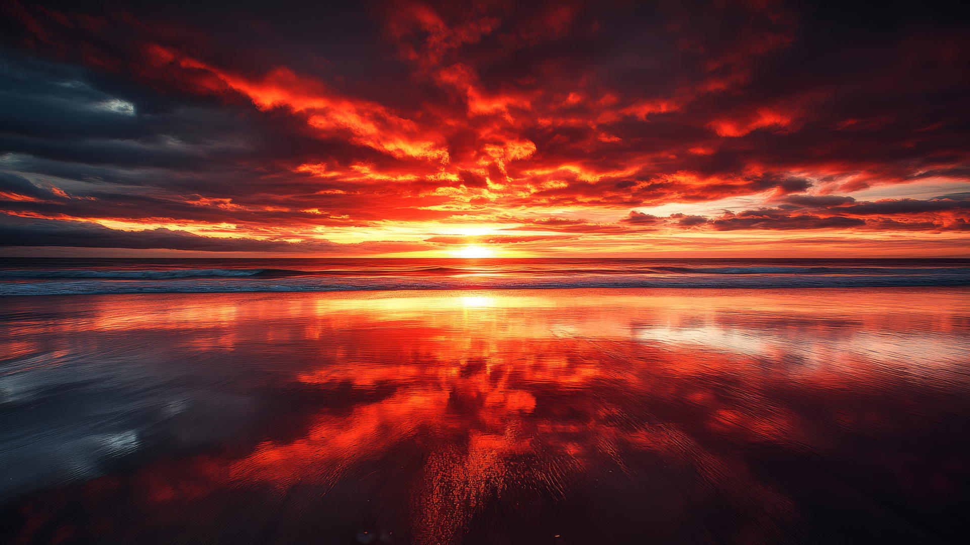 Surreal sunset beach wallpaper with fiery skies reflecting on wet sand