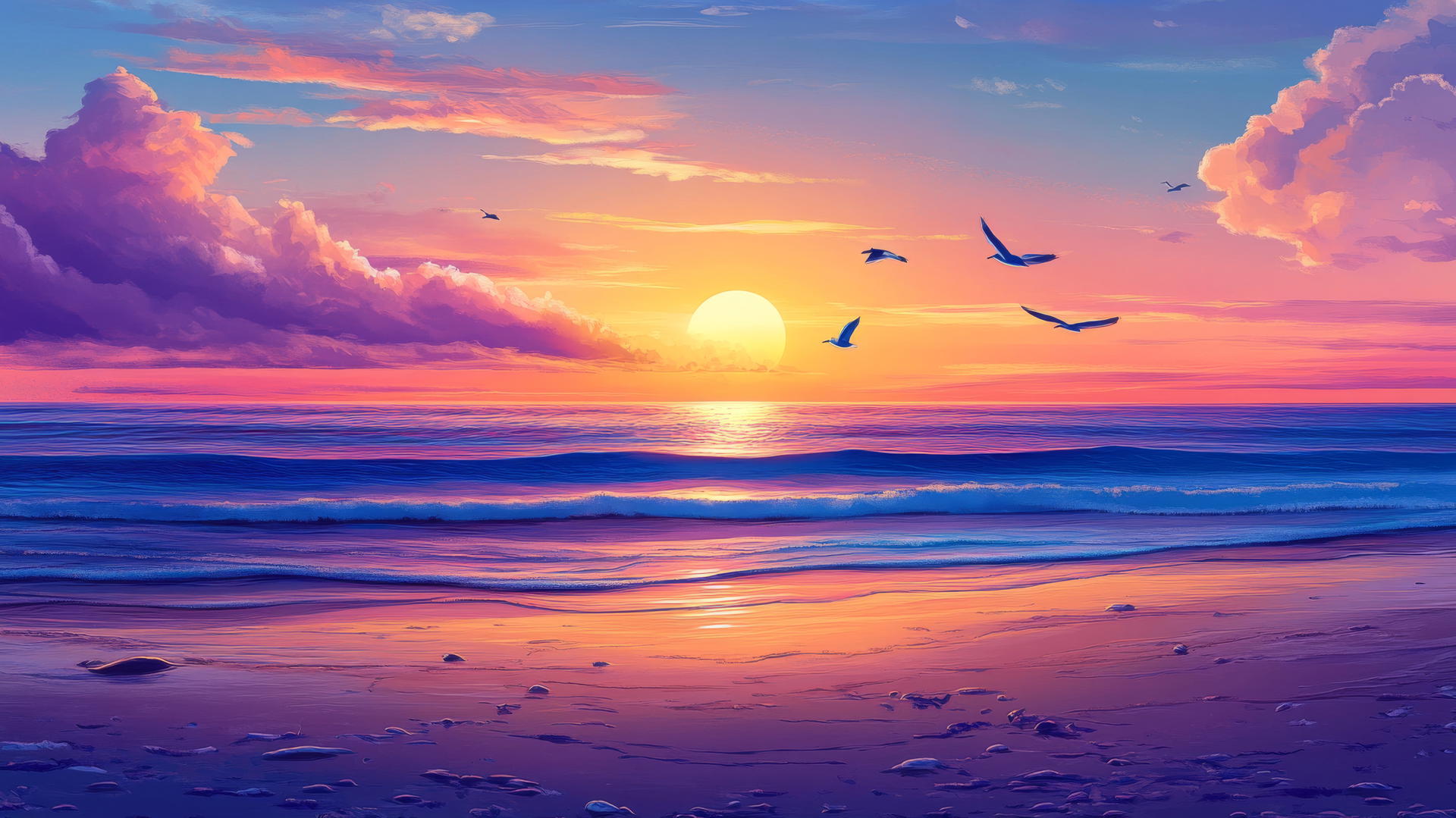 sunset beach wallpaper with vibrant sunset, seagulls, and sparkling ocean