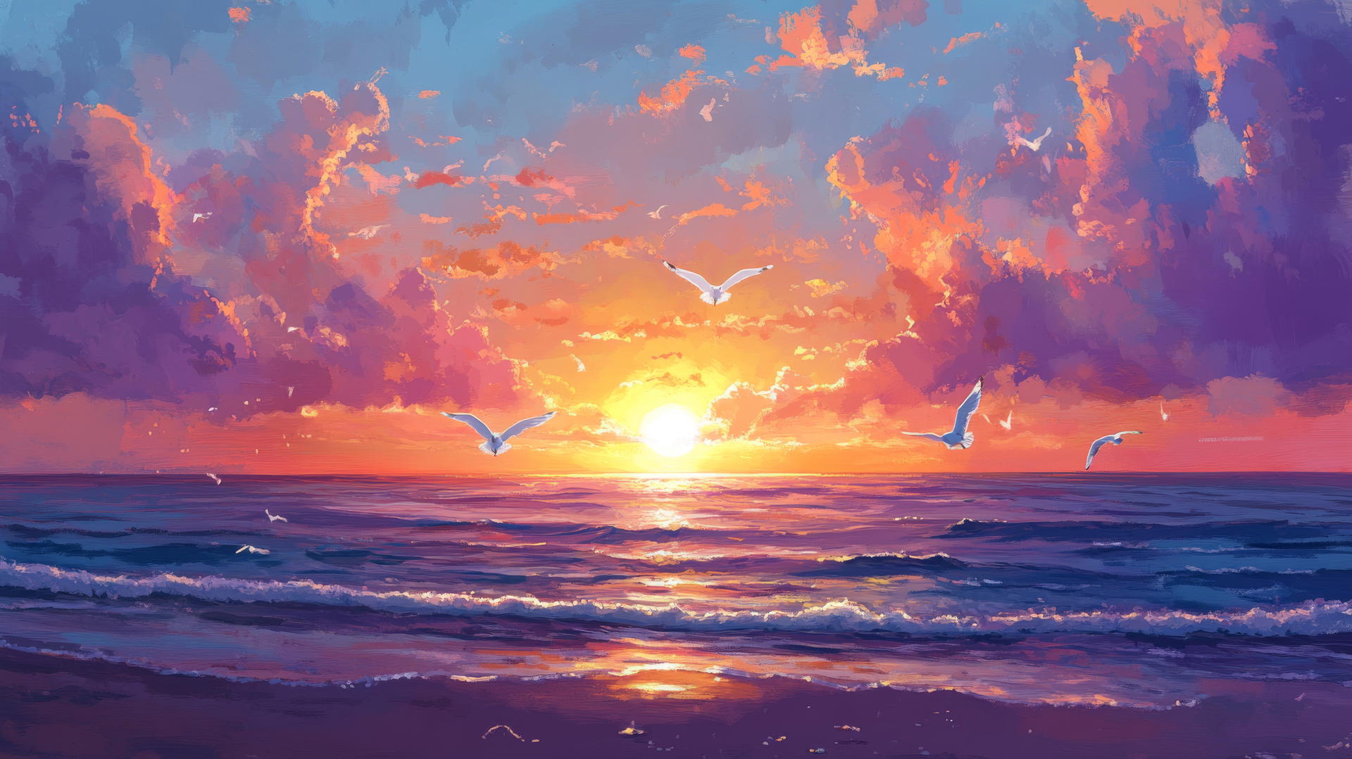 sunset beach wallpaper with vibrant sunset colors, seagulls flying, and sparkling ocean