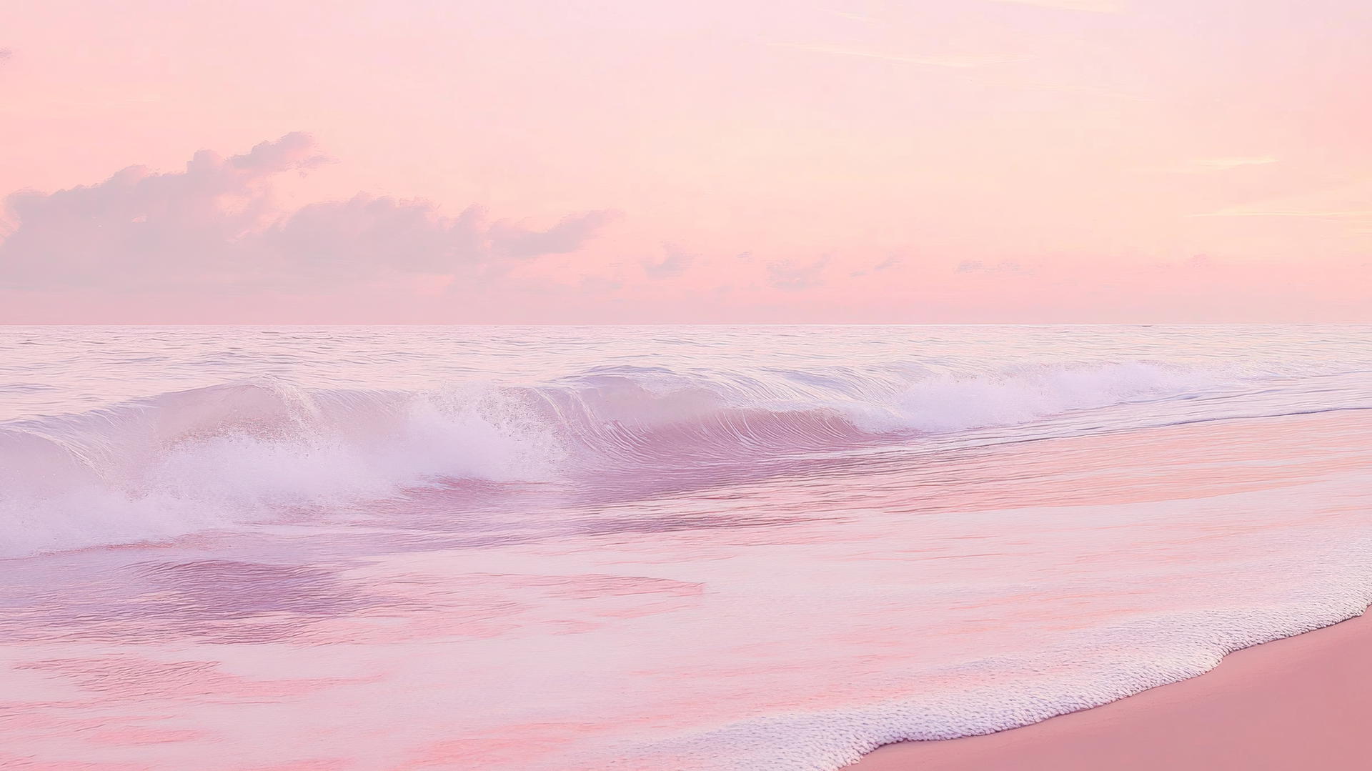 Beach wallpaper aesthetic with pastel-toned beach, soft pink skies, and lavender waves.