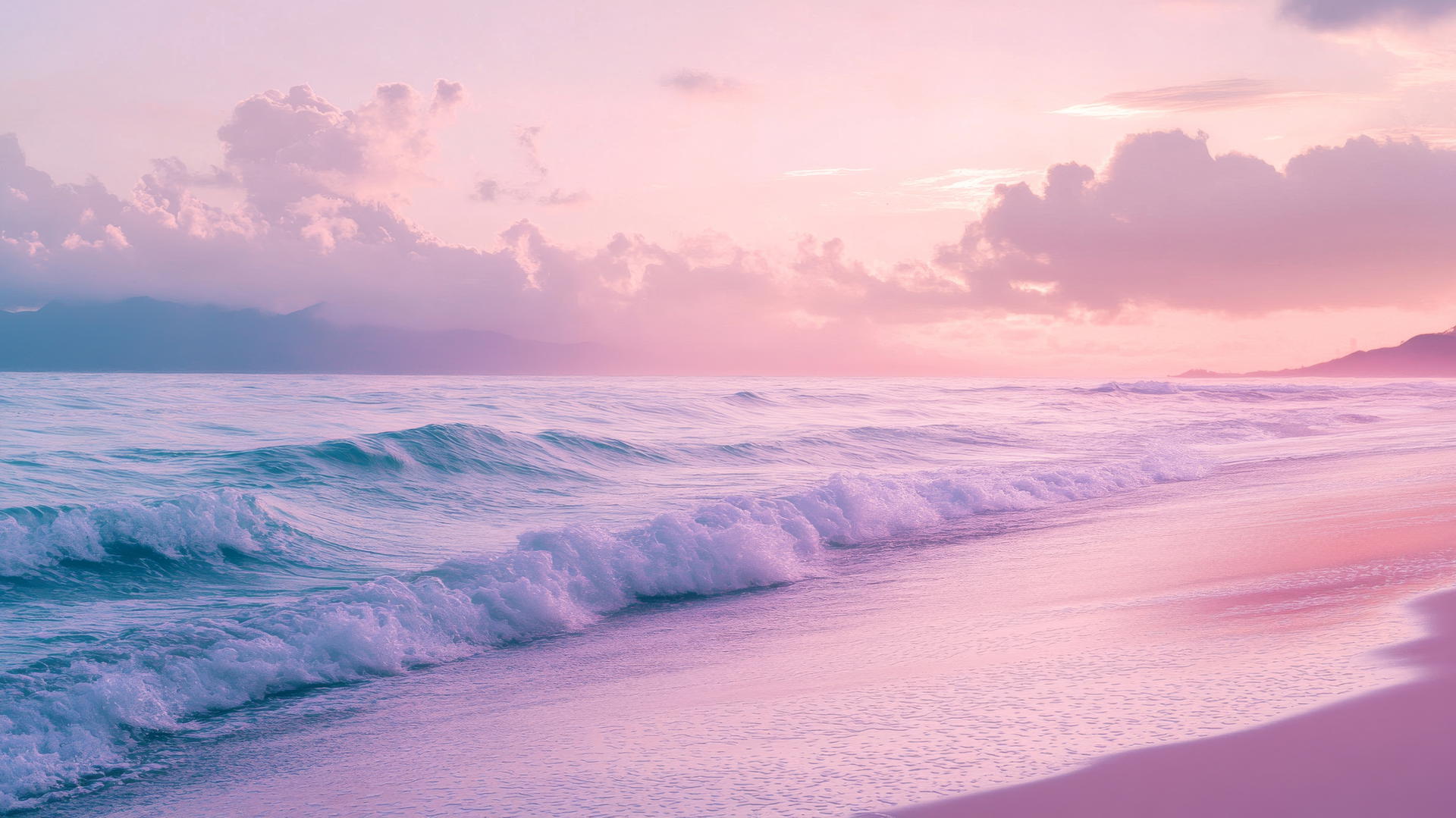 Beach wallpaper aesthetic with pastel-toned beach, soft pink skies, and lavender waves