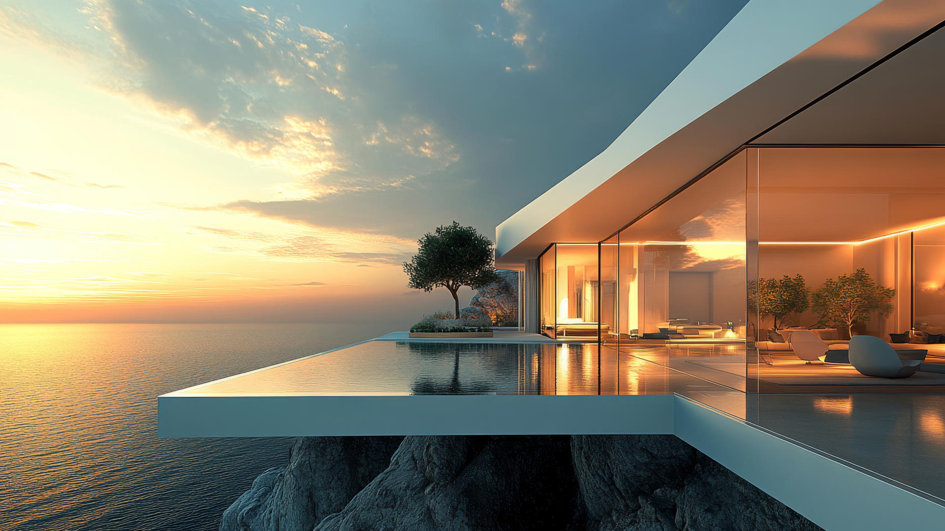 Luxurious modern beach house wallpaper with glass walls, sunset reflections, private pool, and ocean views