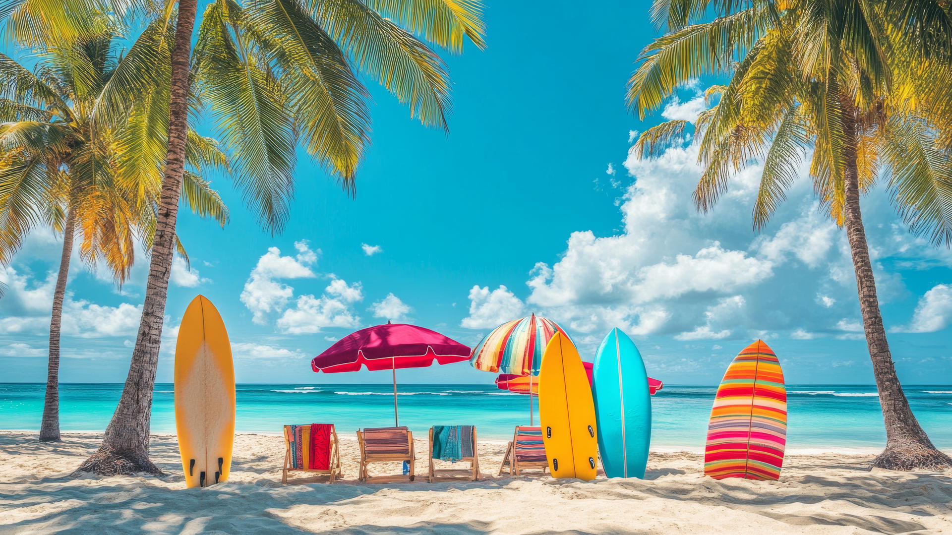 Vibrant beach themed wallpaper with beach towels, umbrellas, and surfboards by palm trees.