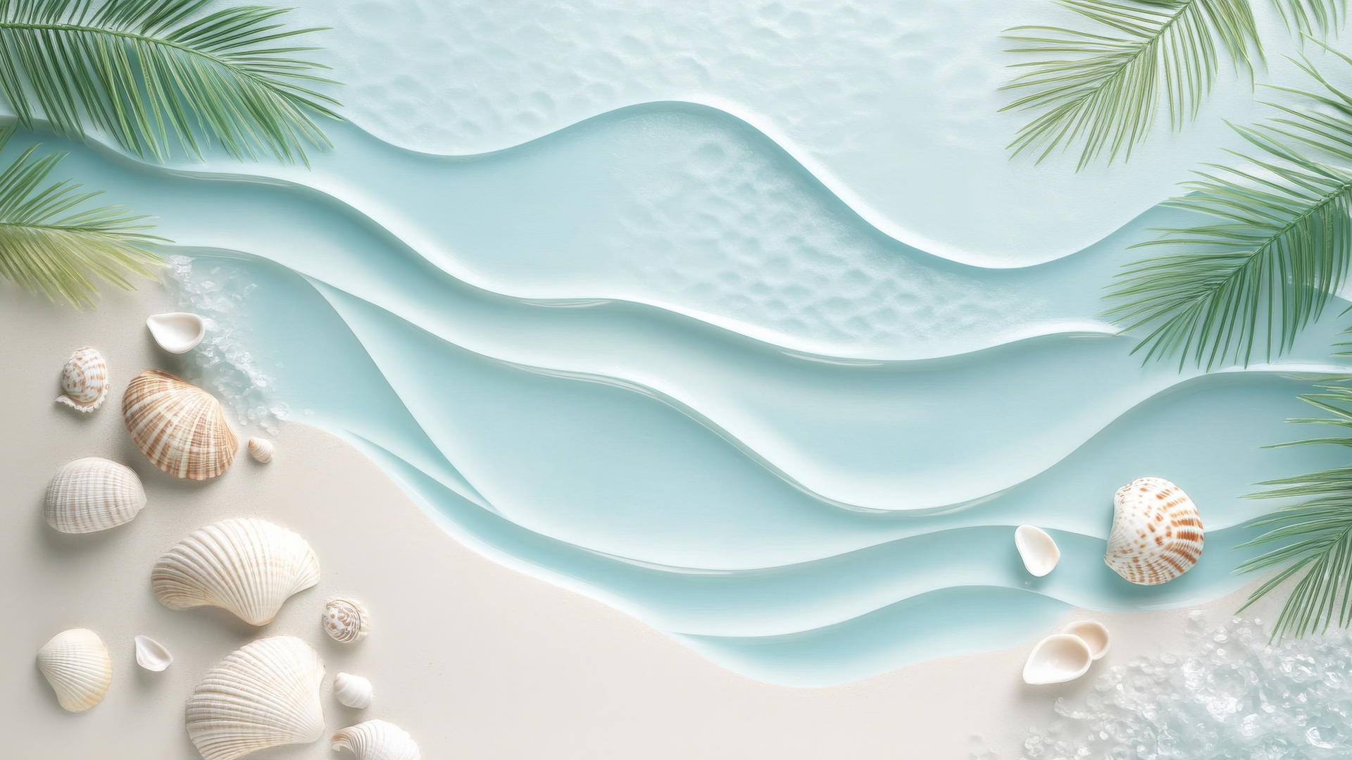beach theme wallpaper with stylized waves, minimal palm trees, and seashells
