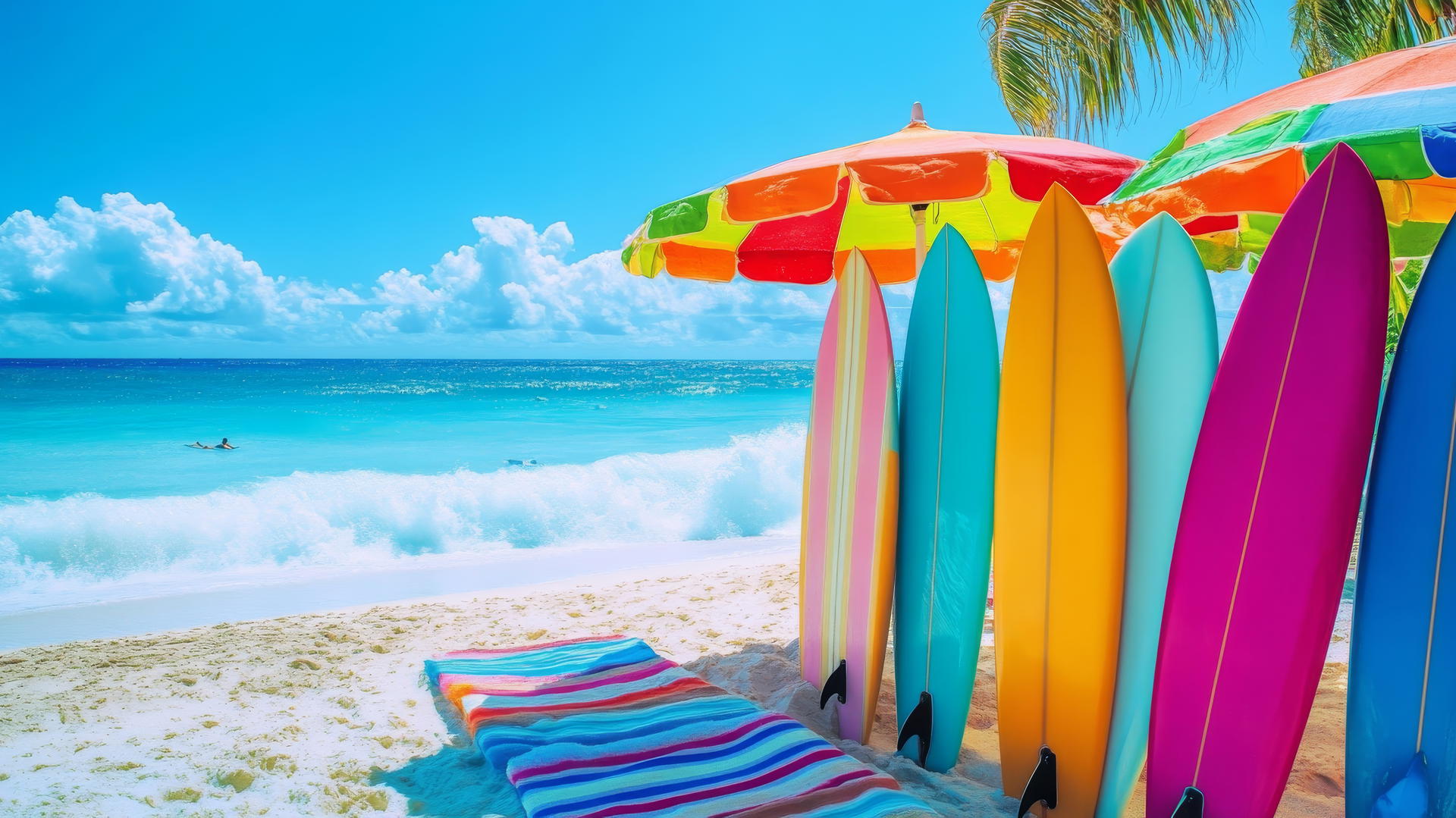 beach theme wallpaper with colorful surfboards and striped umbrellas