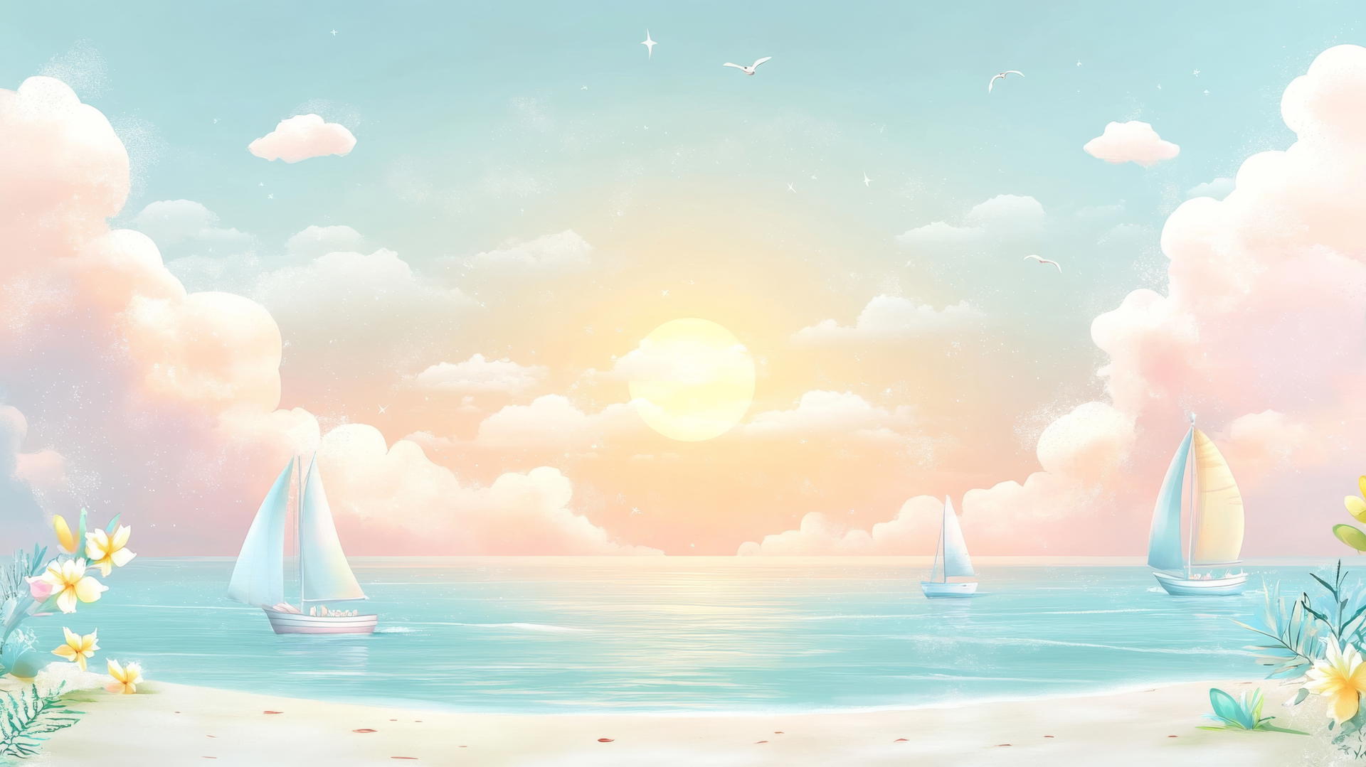 cute beach wallpaper with fluffy clouds, sailboats, and smiling sun