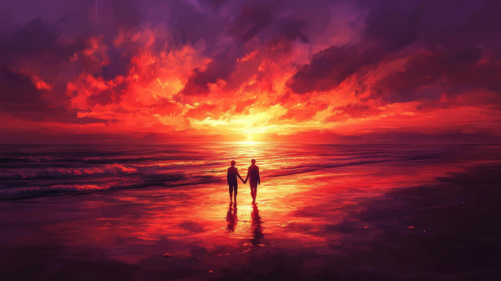 romantic sunset background beach wallpaper with couple walking hand in hand