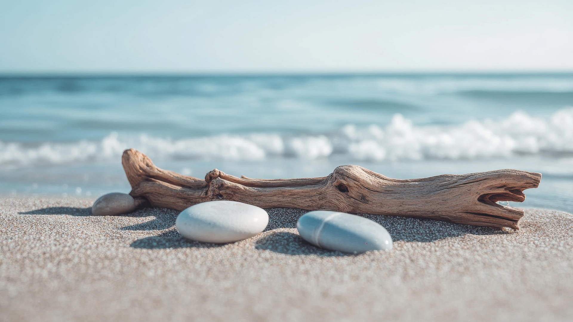 boho beach wallpaper aesthetic with natural textures, driftwood, stones, seafoam