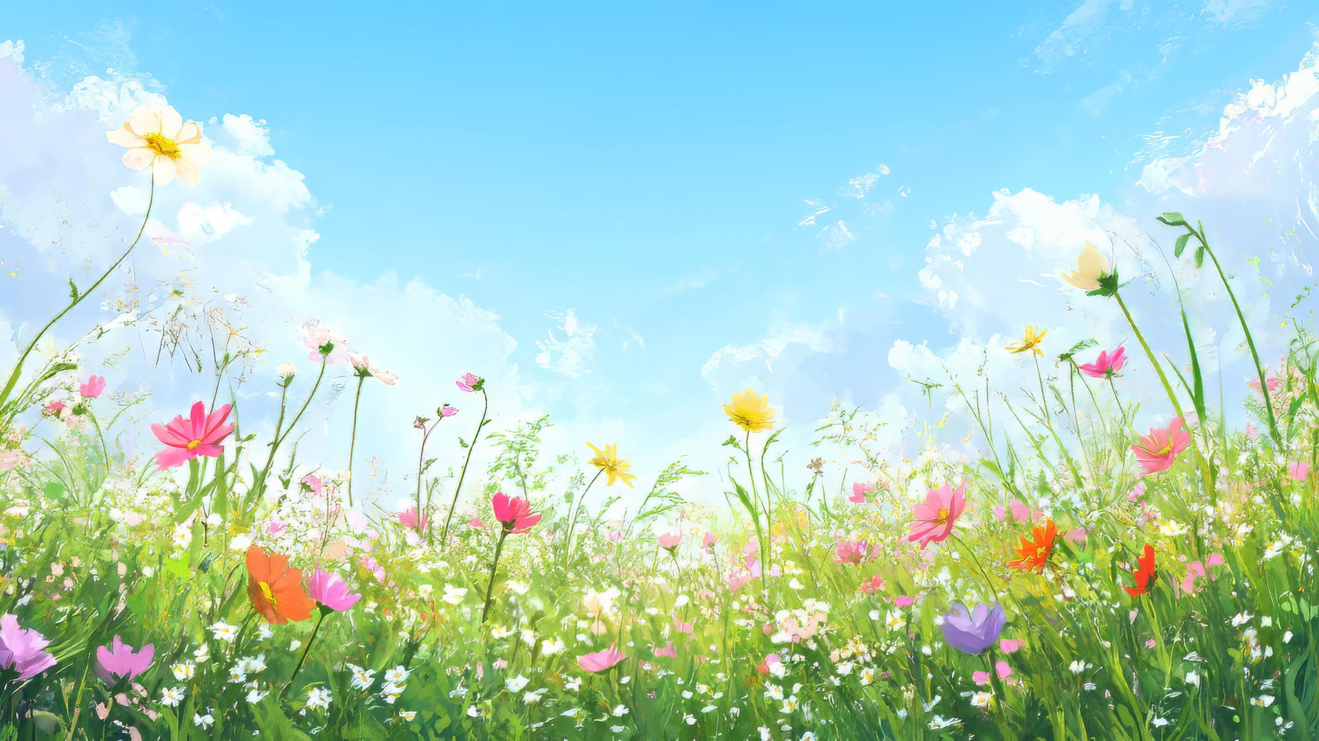 spring wallpaper with a meadow of blooming flowers under a clear sky