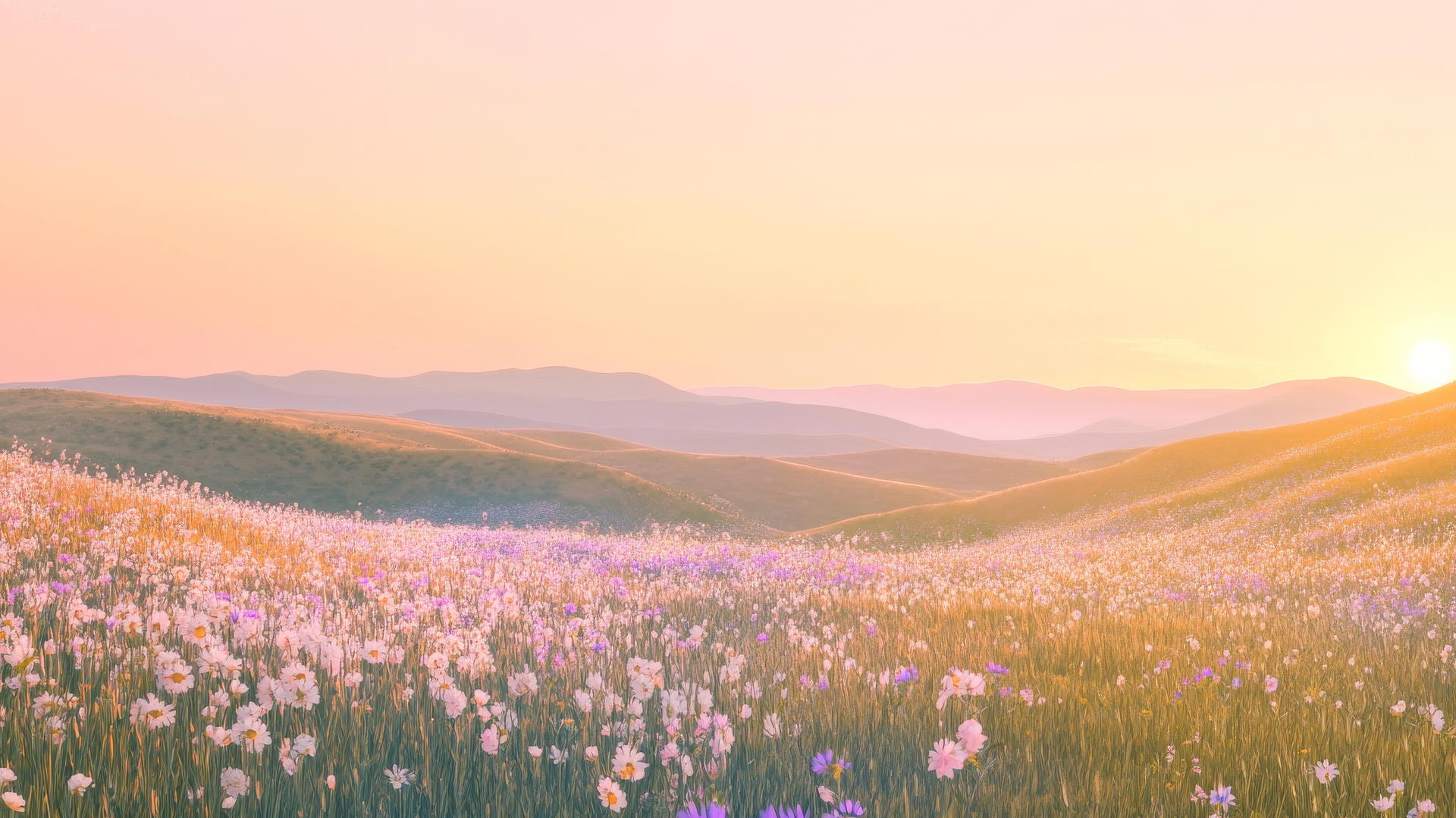 spring wallpaper with rolling hills and wildflowers under a pastel sky