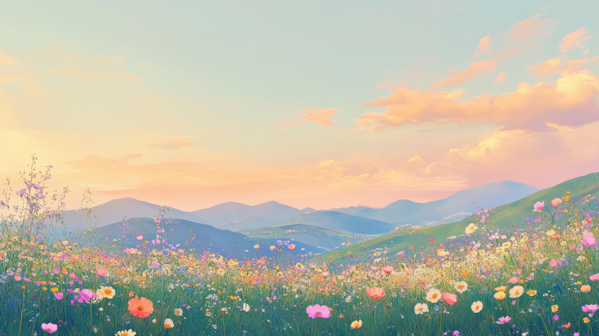 spring wallpaper with rolling hills and wildflowers under a pastel sky