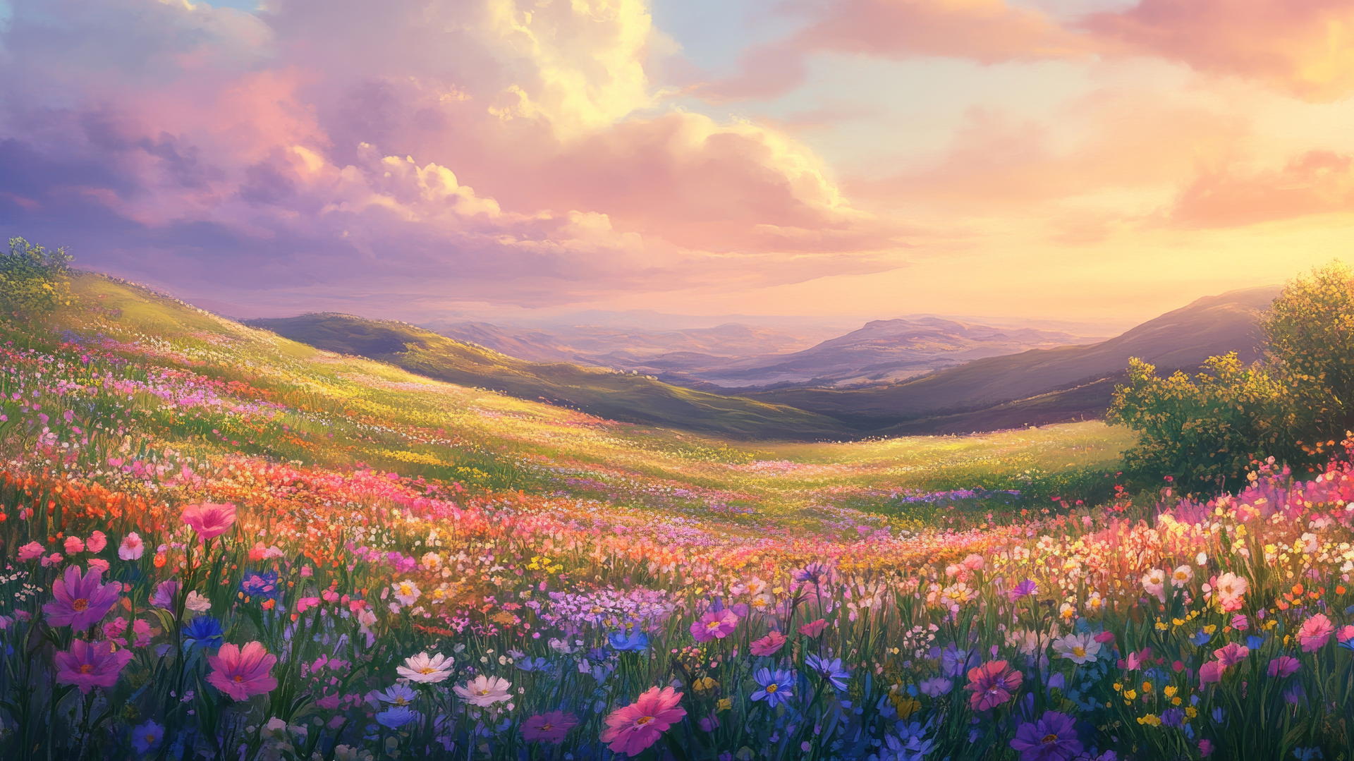 spring wallpaper of rolling hills and wildflowers under a pastel sky