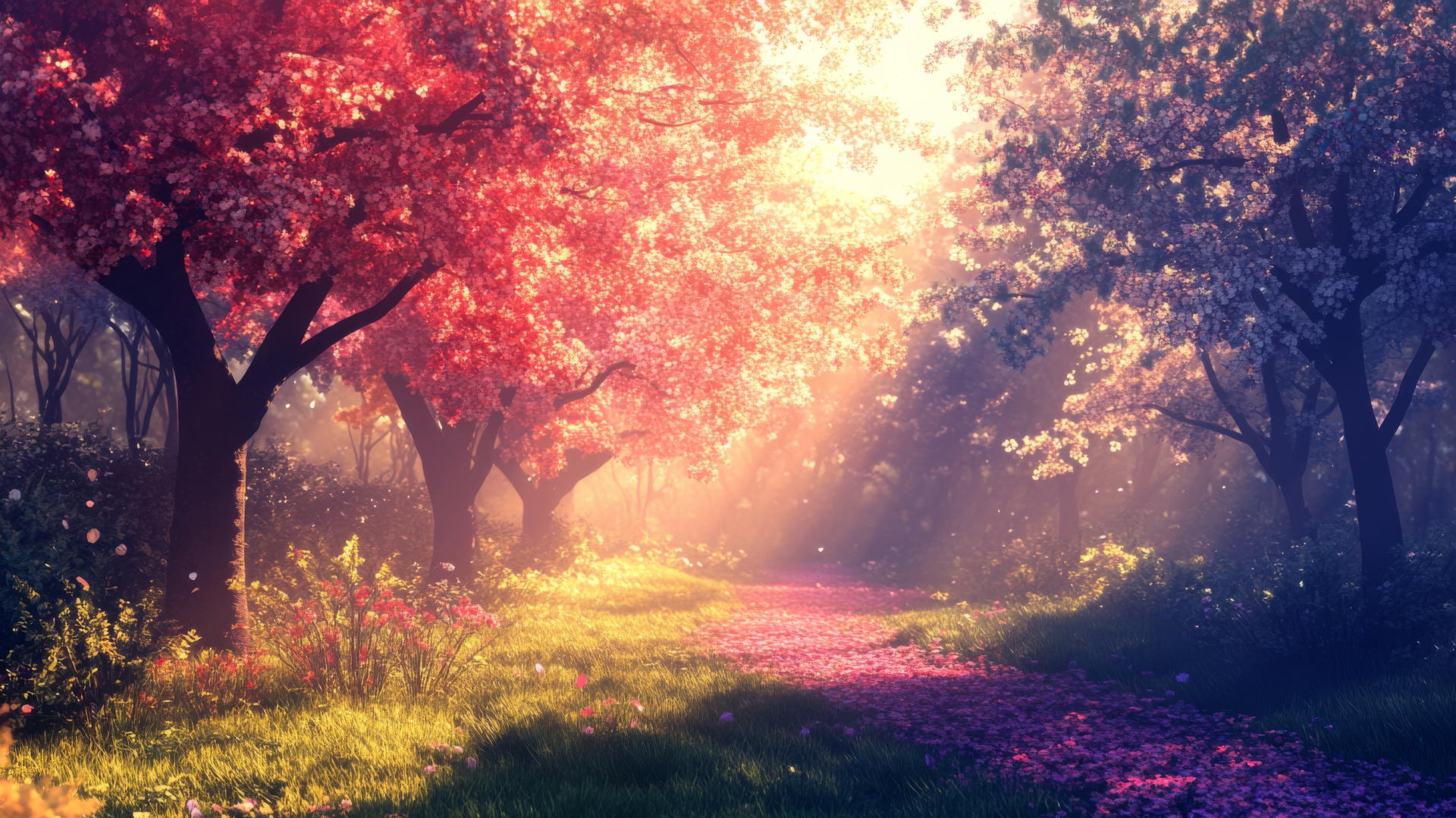 spring wallpaper with blossoming trees and soft sunlight