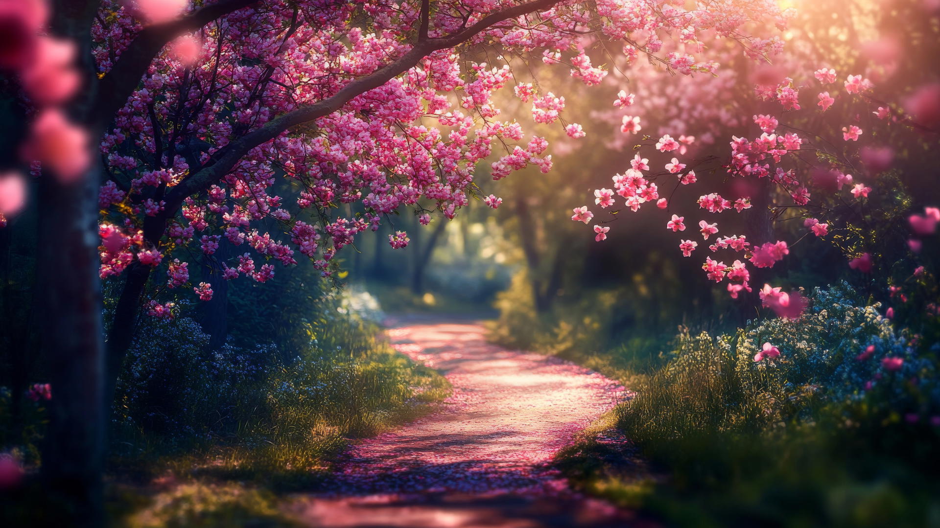 spring wallpaper of a path through forest with blossoms and sunlight