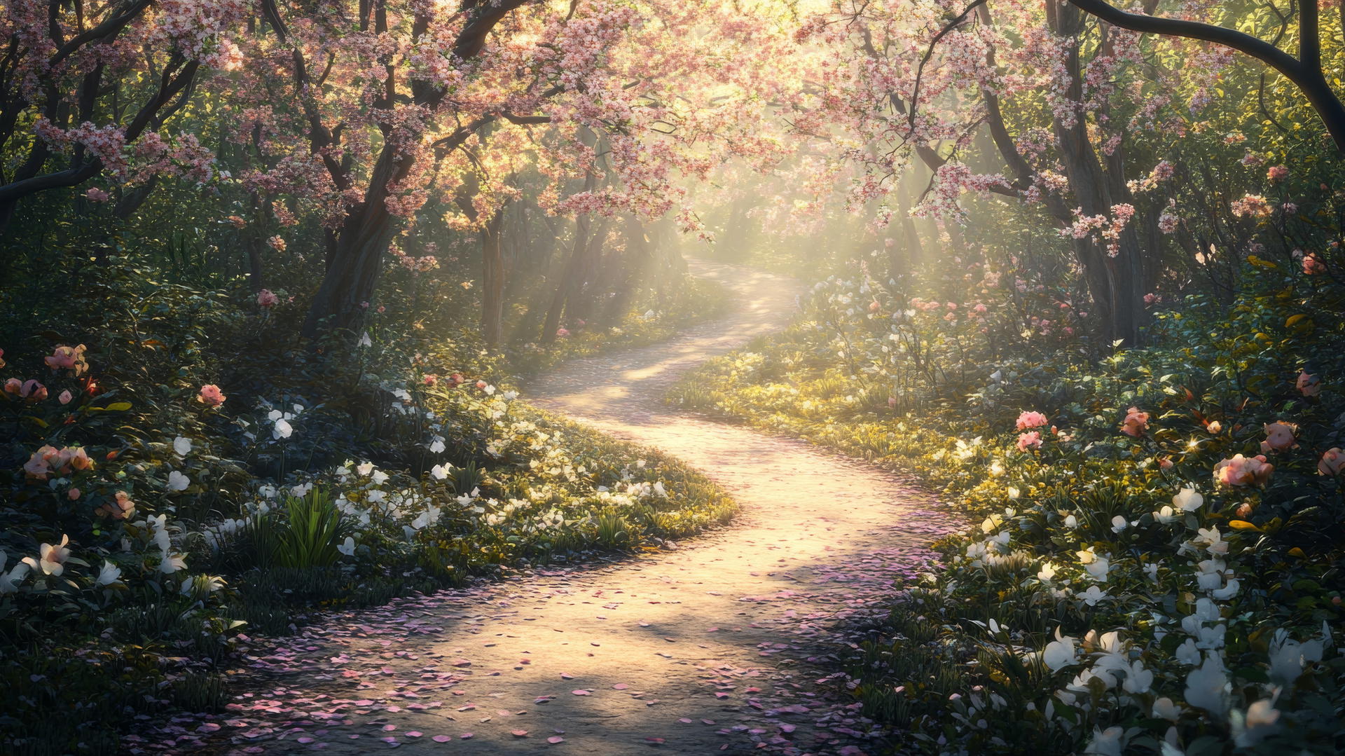 spring wallpaper of a forest path with blossoms and sunlight