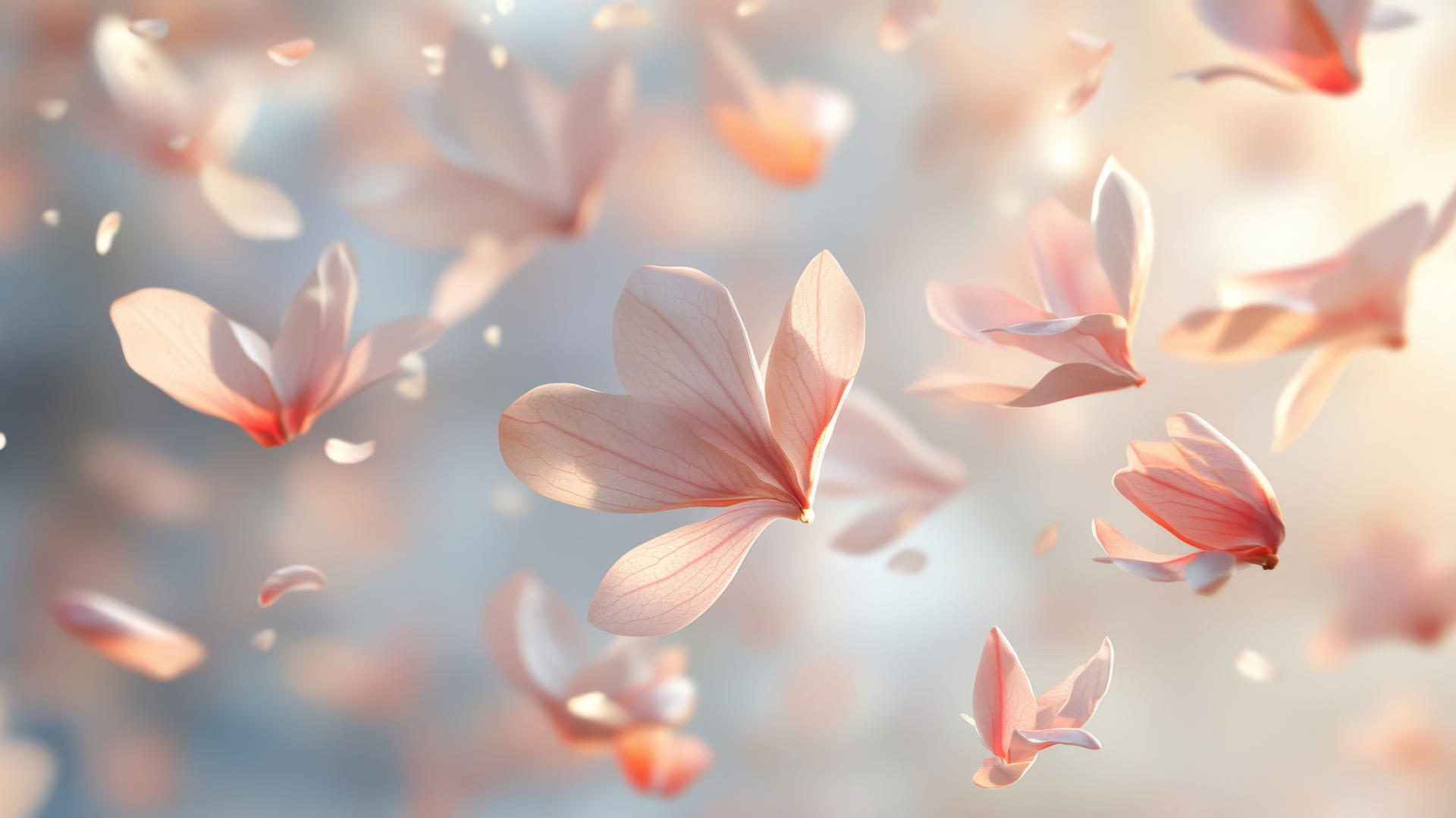 Spring wallpaper with delicate flower petals floating on a gentle breeze