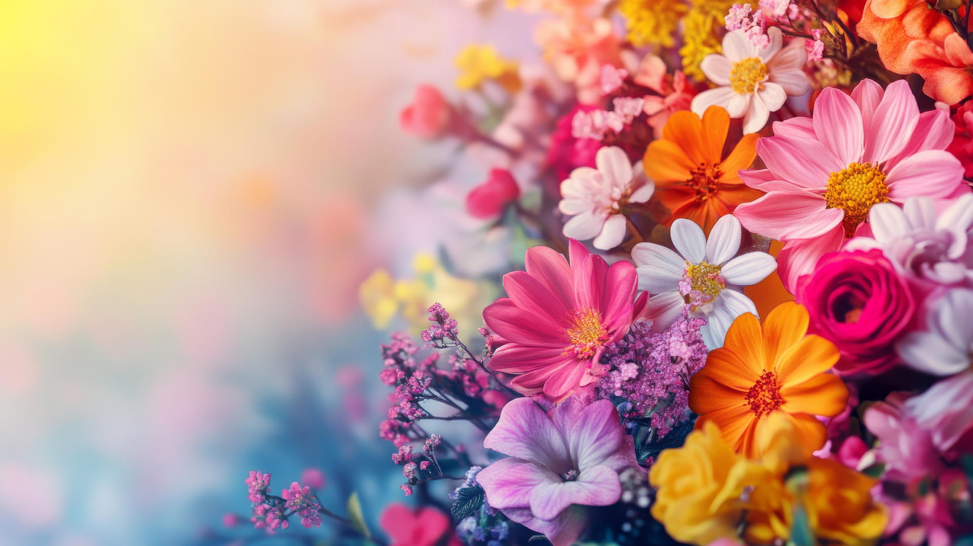 spring wallpaper with a floral explosion of bright, vibrant flowers on a gradient background