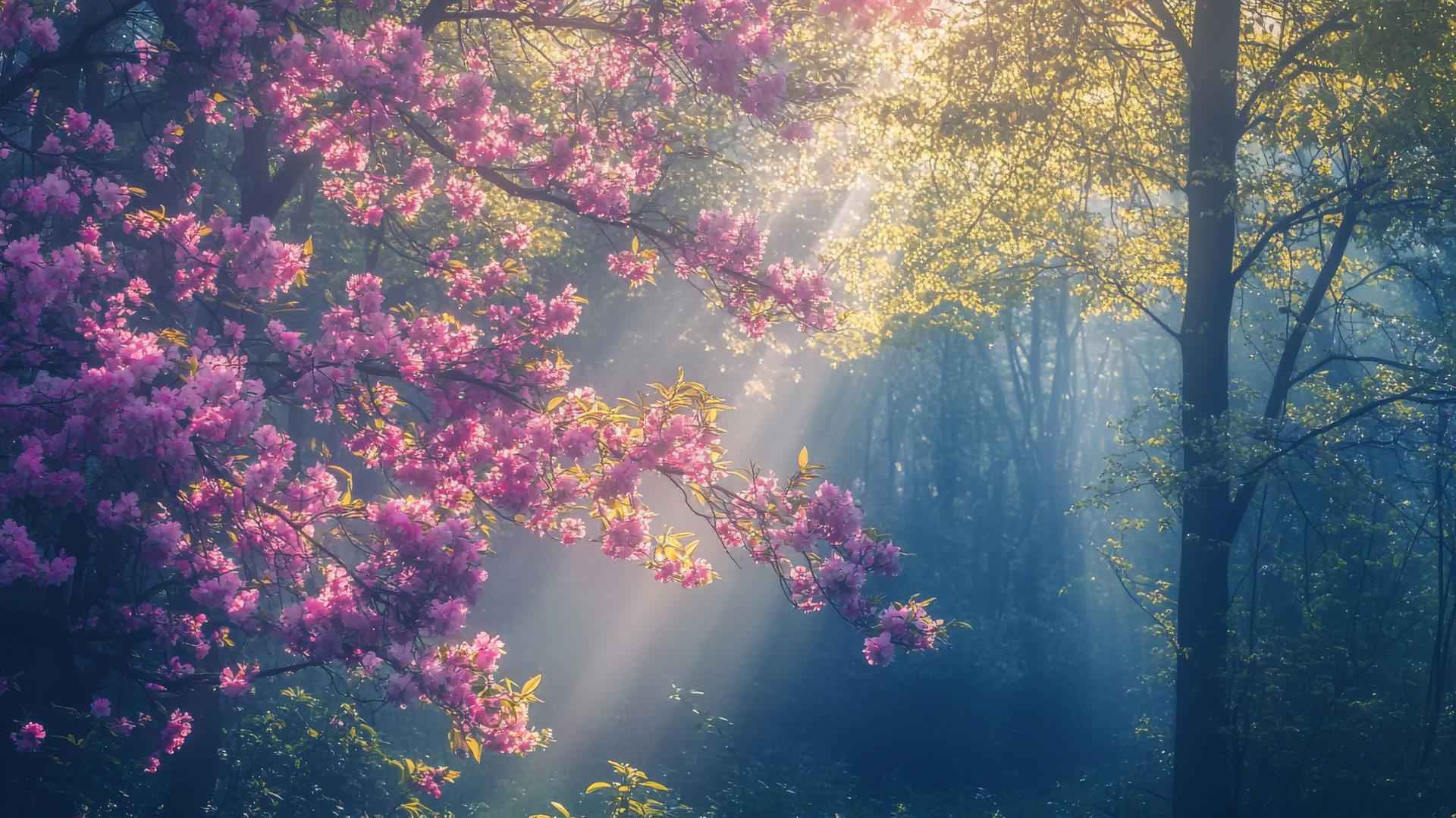 spring wallpaper with colorful blossoming trees and soft sunlight