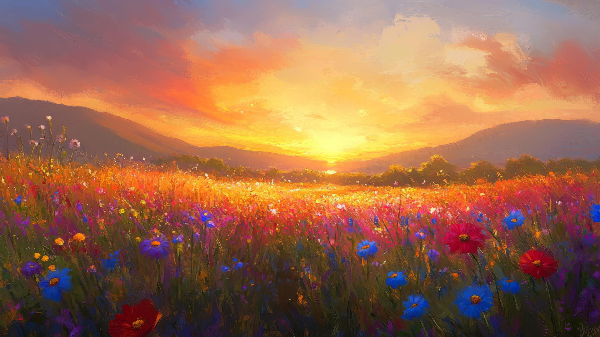 spring wallpaper with sunset over wildflower field
