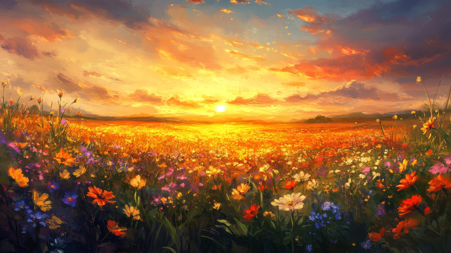 spring wallpaper with sunset over field of wildflowers