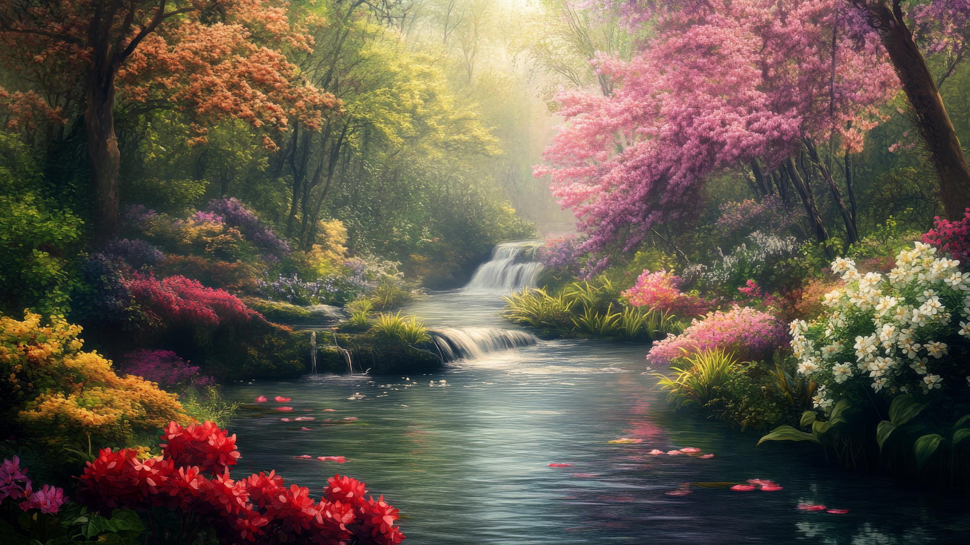 Spring wallpaper of a flowing river surrounded by blooming plants